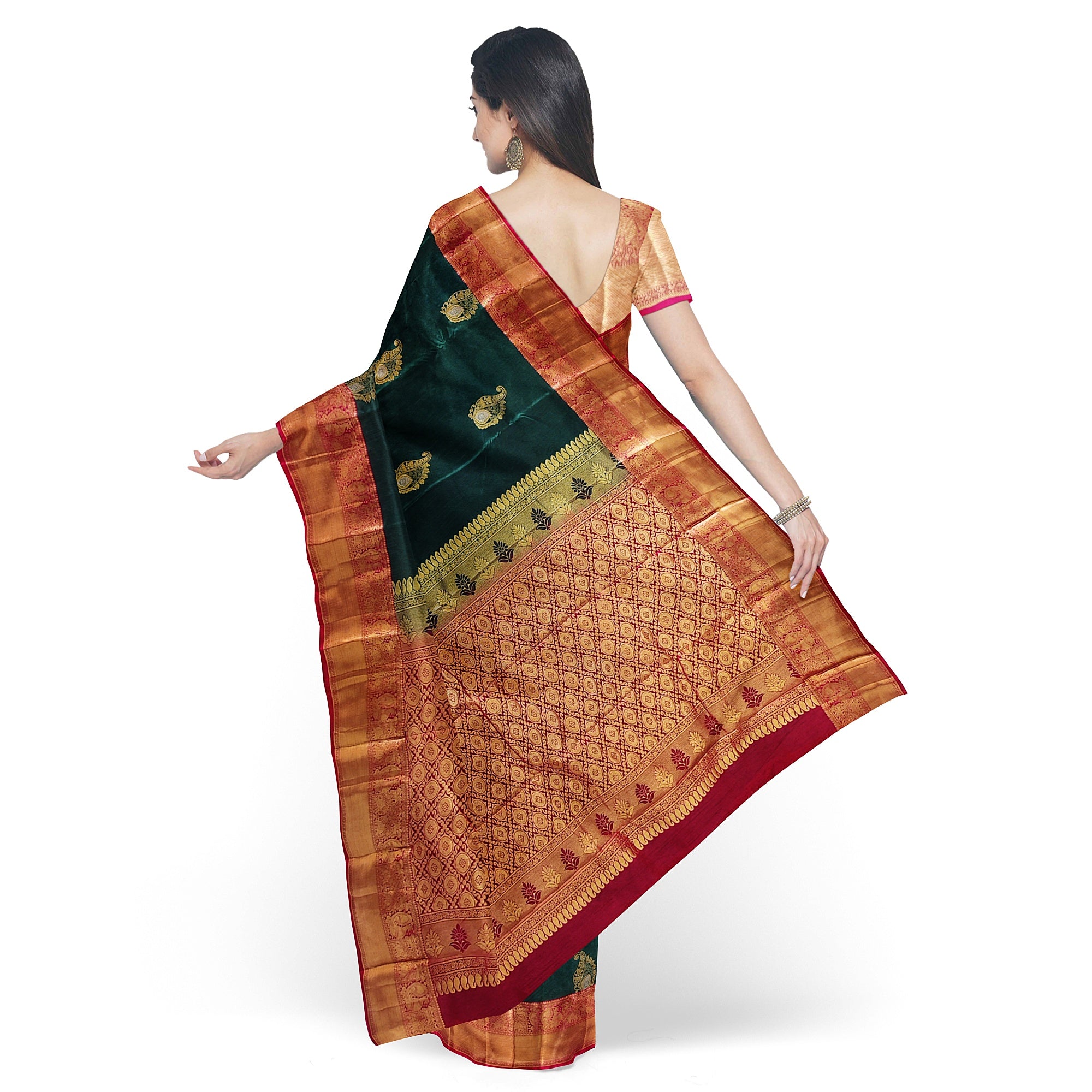 Bottle Green Semi Kanchi Silk Saree with Red Border – Elegant Traditional Charm - New Sudarshan Silks`