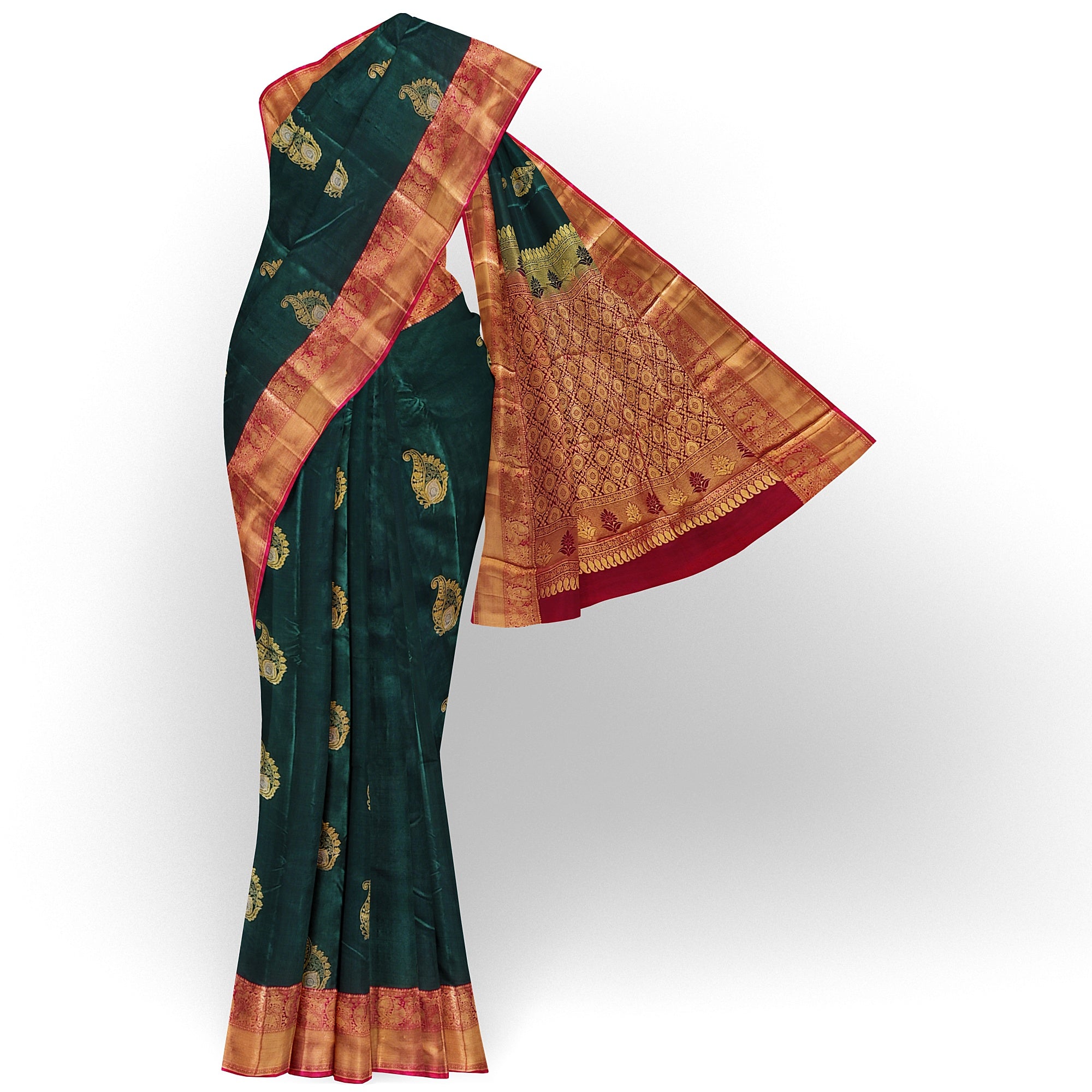 Bottle Green Semi Kanchi Silk Saree with Red Border – Elegant Traditional Charm - New Sudarshan Silks`