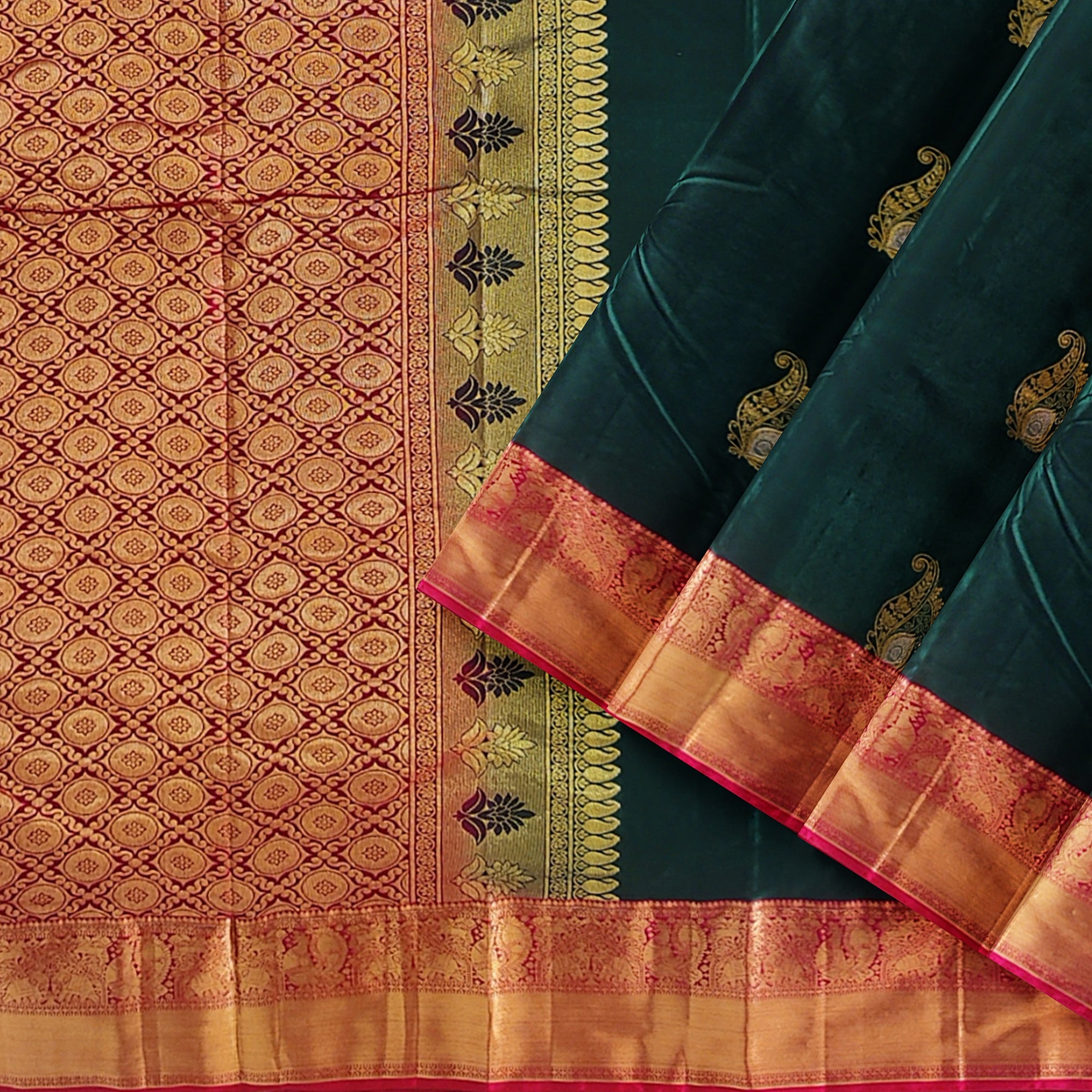 Bottle Green Semi Kanchi Silk Saree with Red Border – Elegant Traditional Charm - New Sudarshan Silks`