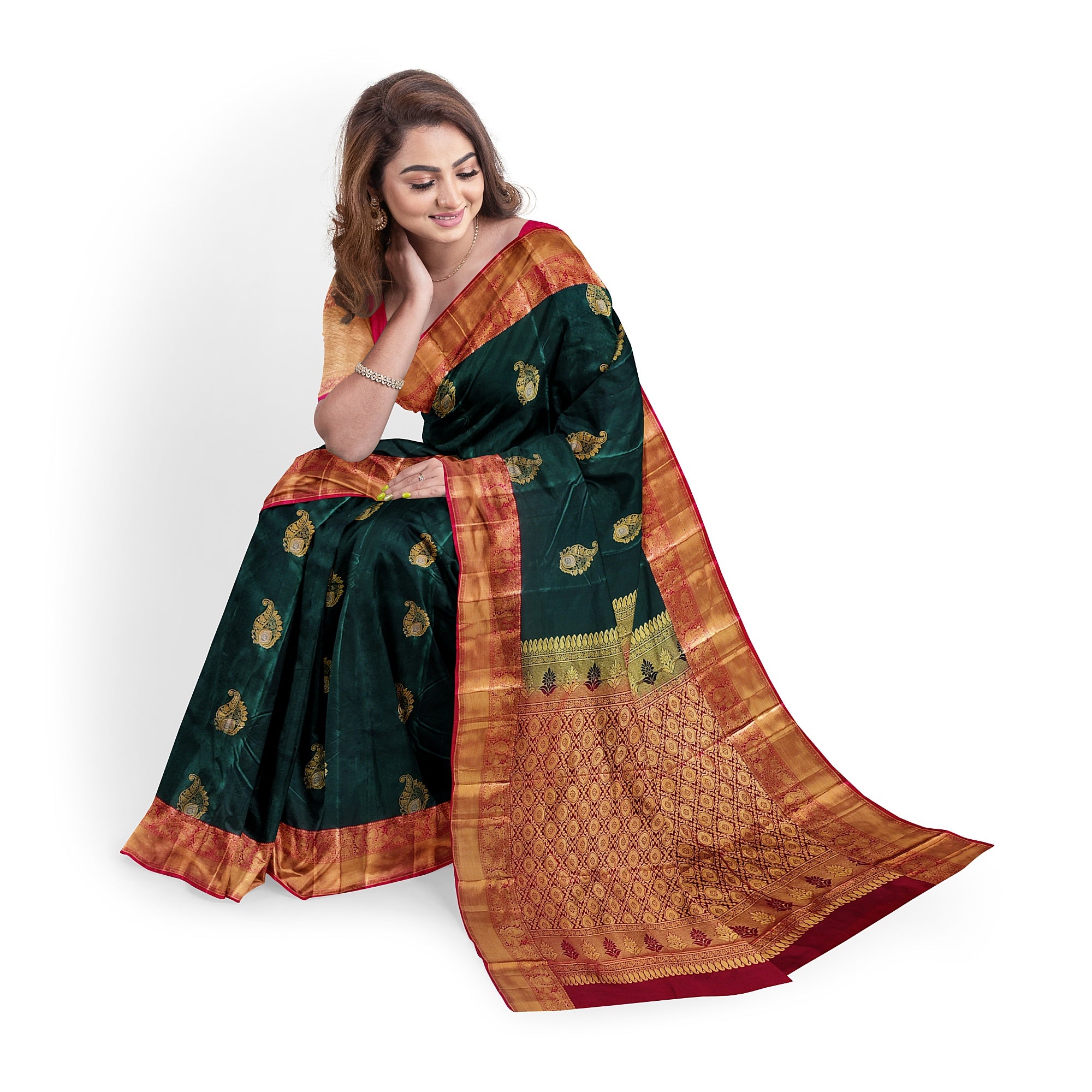 Bottle Green Semi Kanchi Silk Saree with Red Border – Elegant Traditional Charm - New Sudarshan Silks`