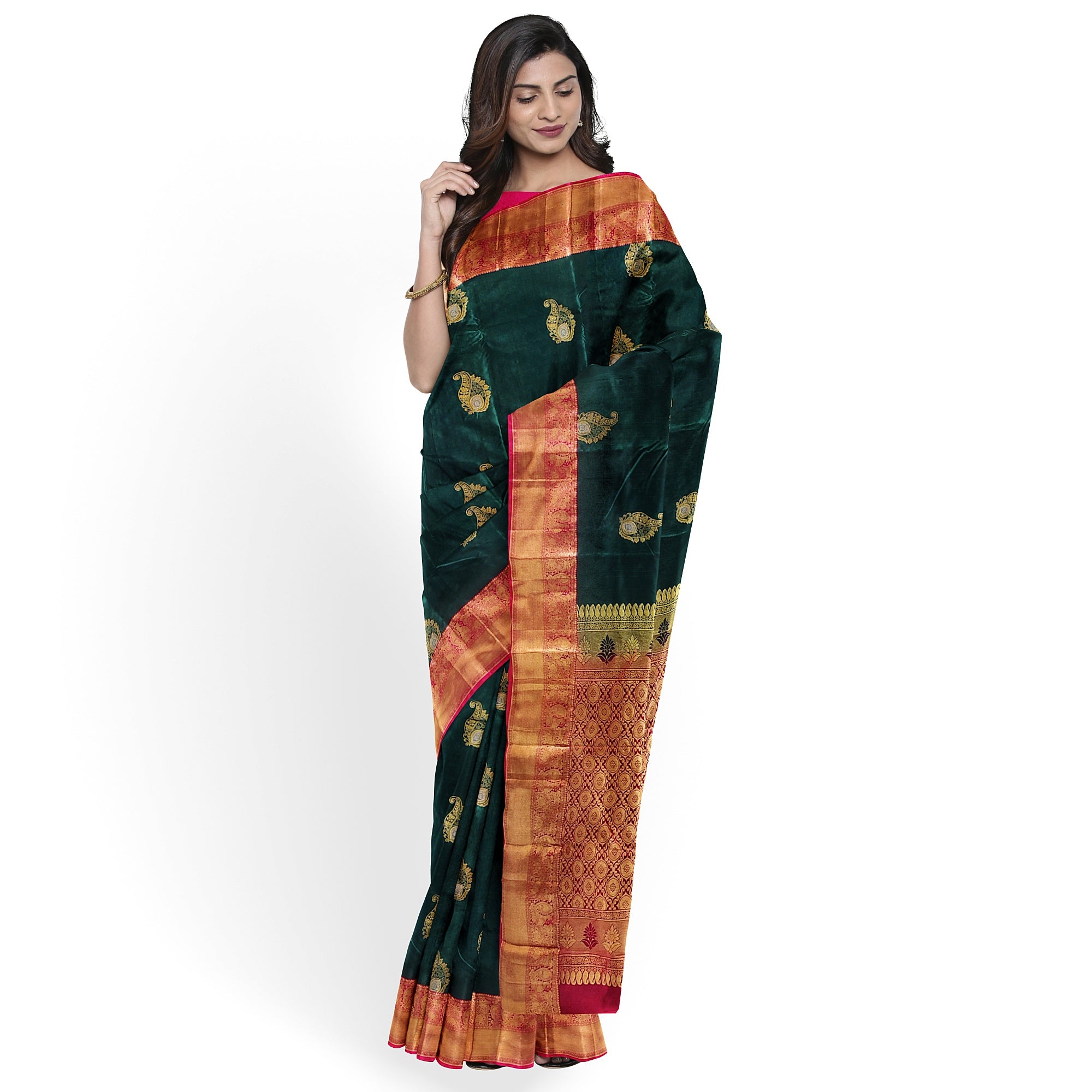 Bottle Green Semi Kanchi Silk Saree with Red Border – Elegant Traditional Charm - New Sudarshan Silks`