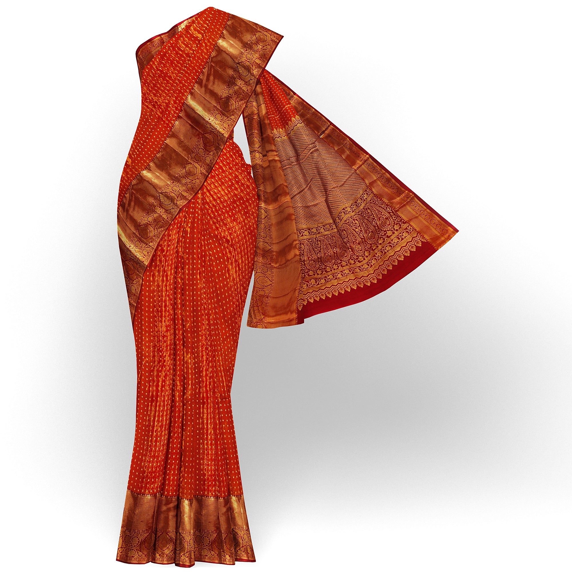 Orange and Red Semi Kanchi Silk Saree with 1000 Butta Design – Traditional Grandeur - New Sudarshan Silks`