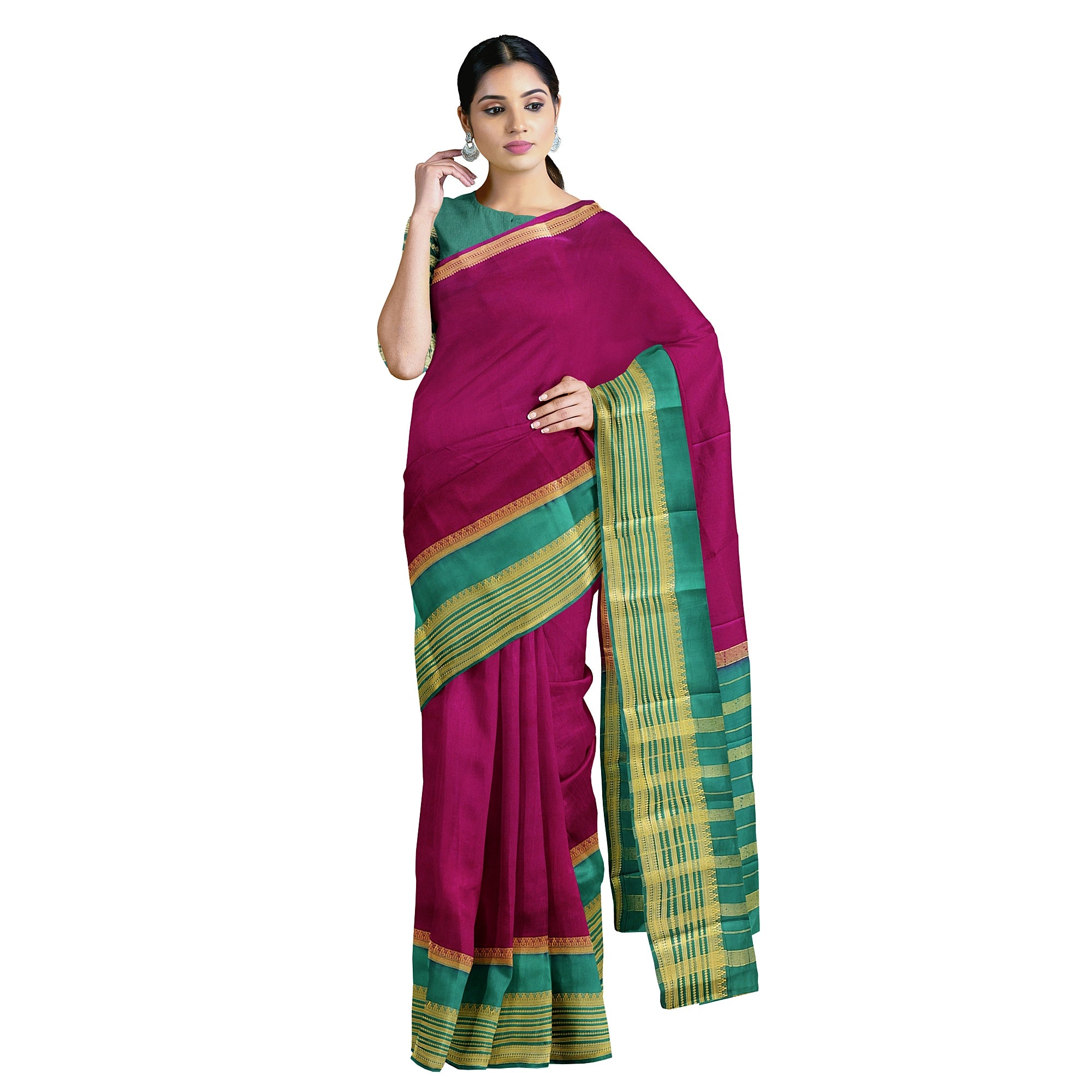 Maroon Saree – Green Border with Gold Zari – Shop Online