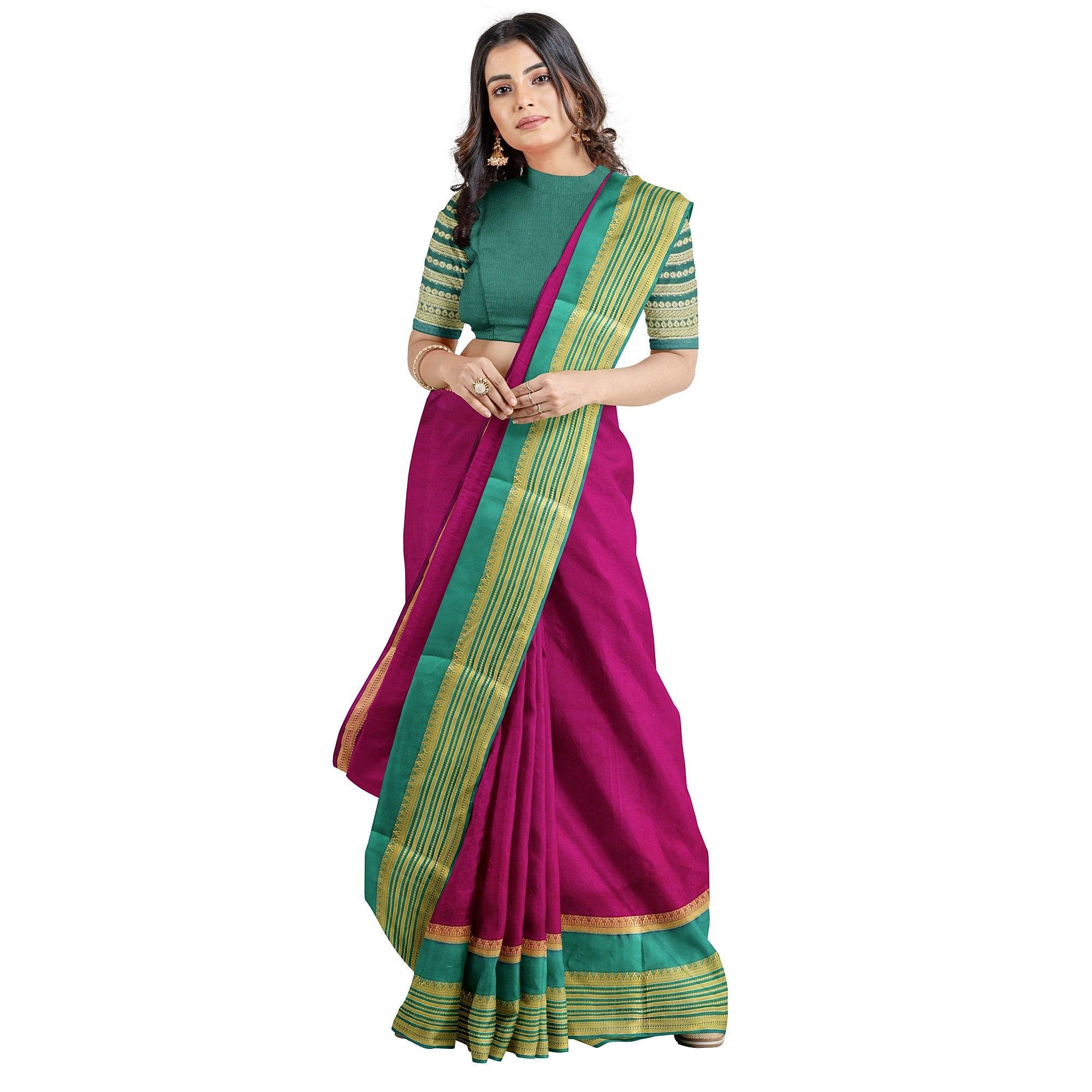 Maroon Saree – Green Border with Gold Zari – Shop Online