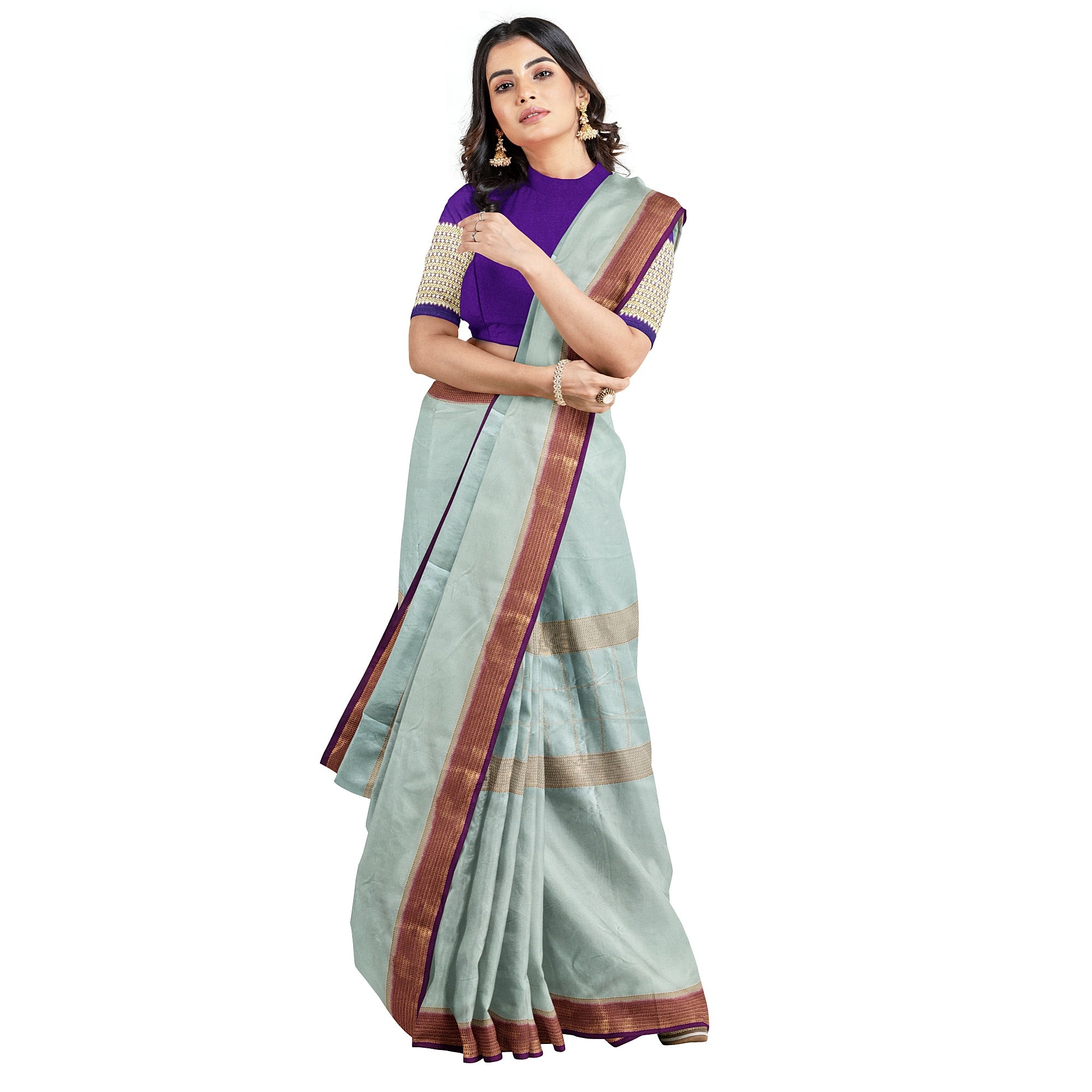 Bluish Designer Crepe Saree – Purple Pallu – Shop Online