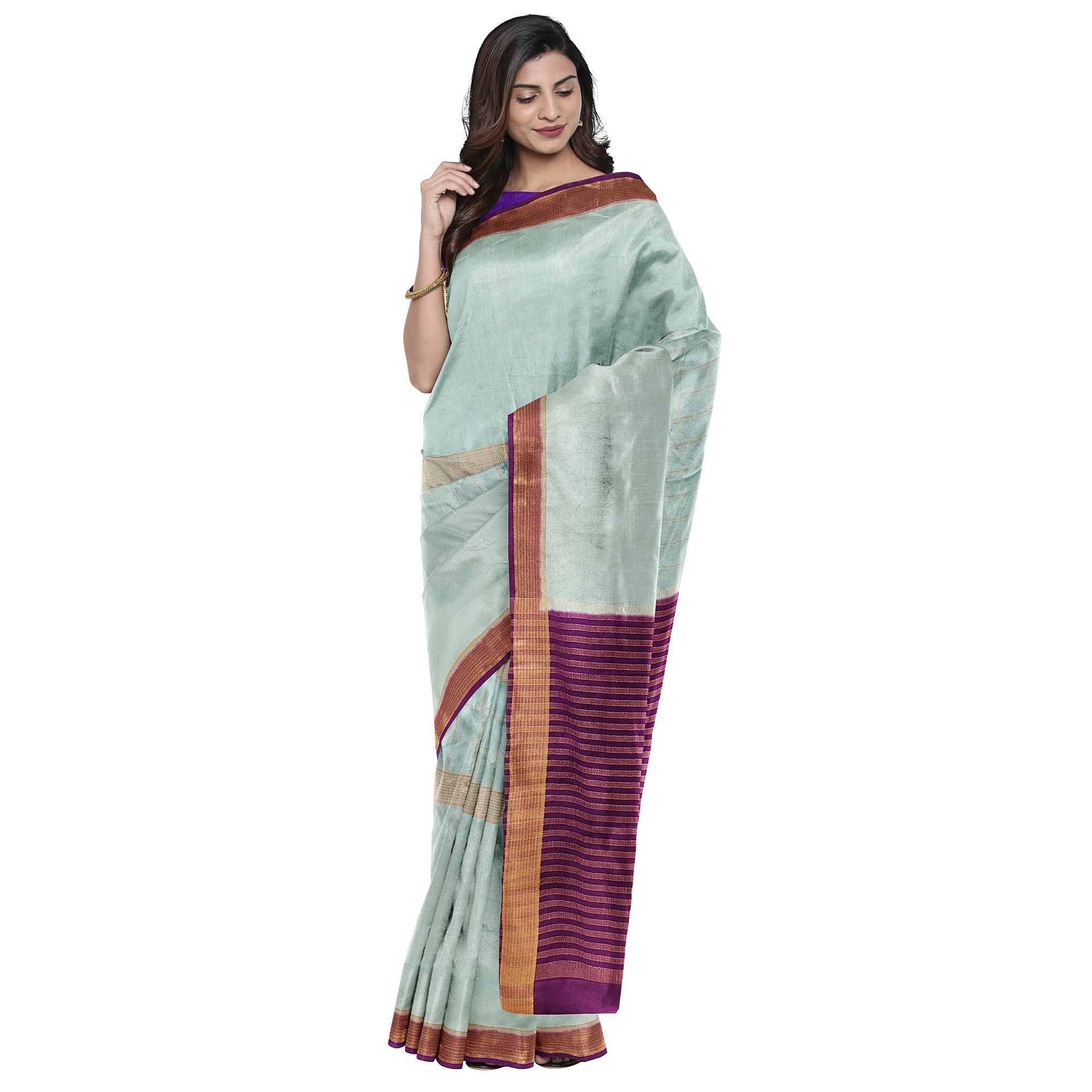 Bluish Designer Crepe Saree – Purple Pallu – Shop Online