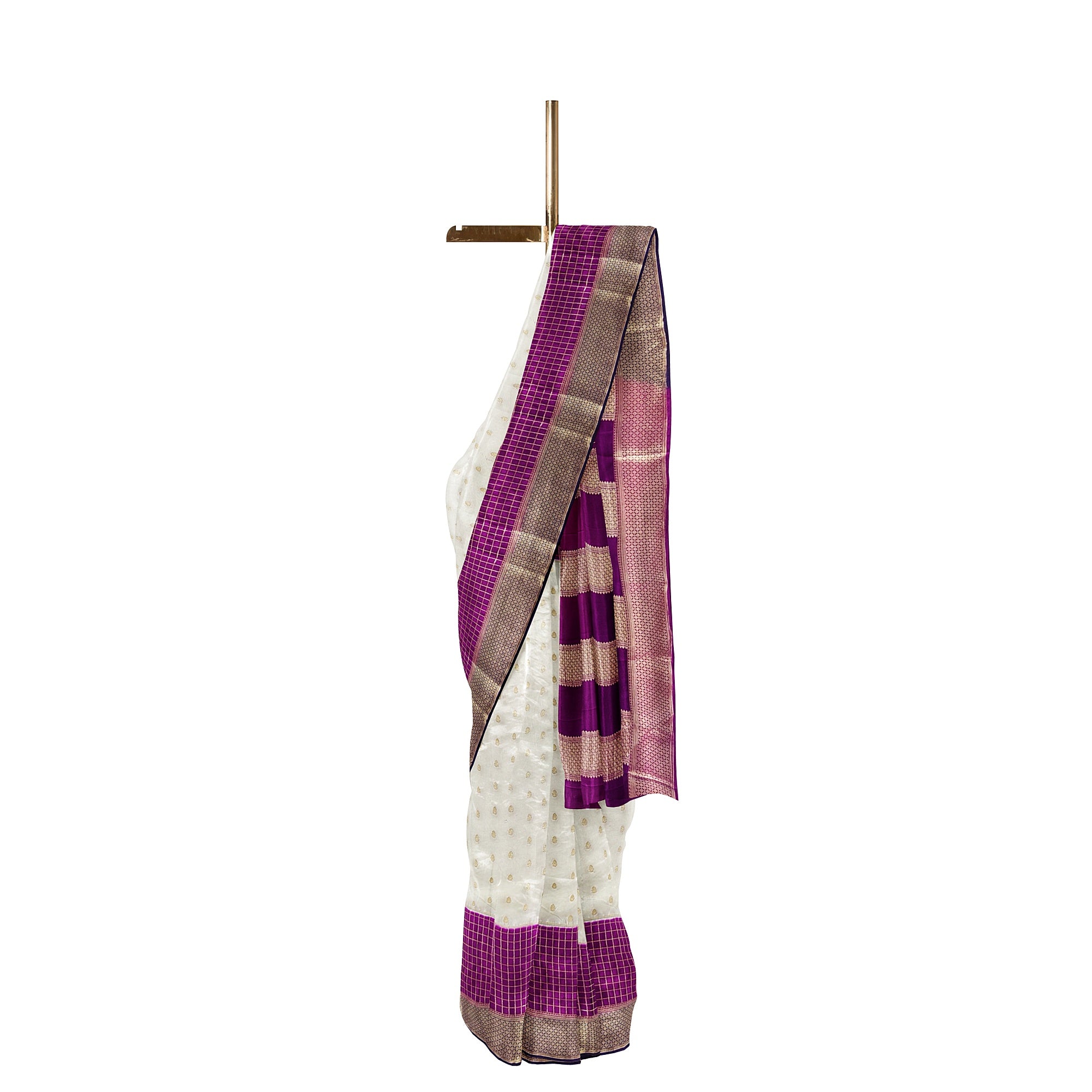 White Semi Mysore Silk Saree – Purple & Navy Accents – Shop Online
