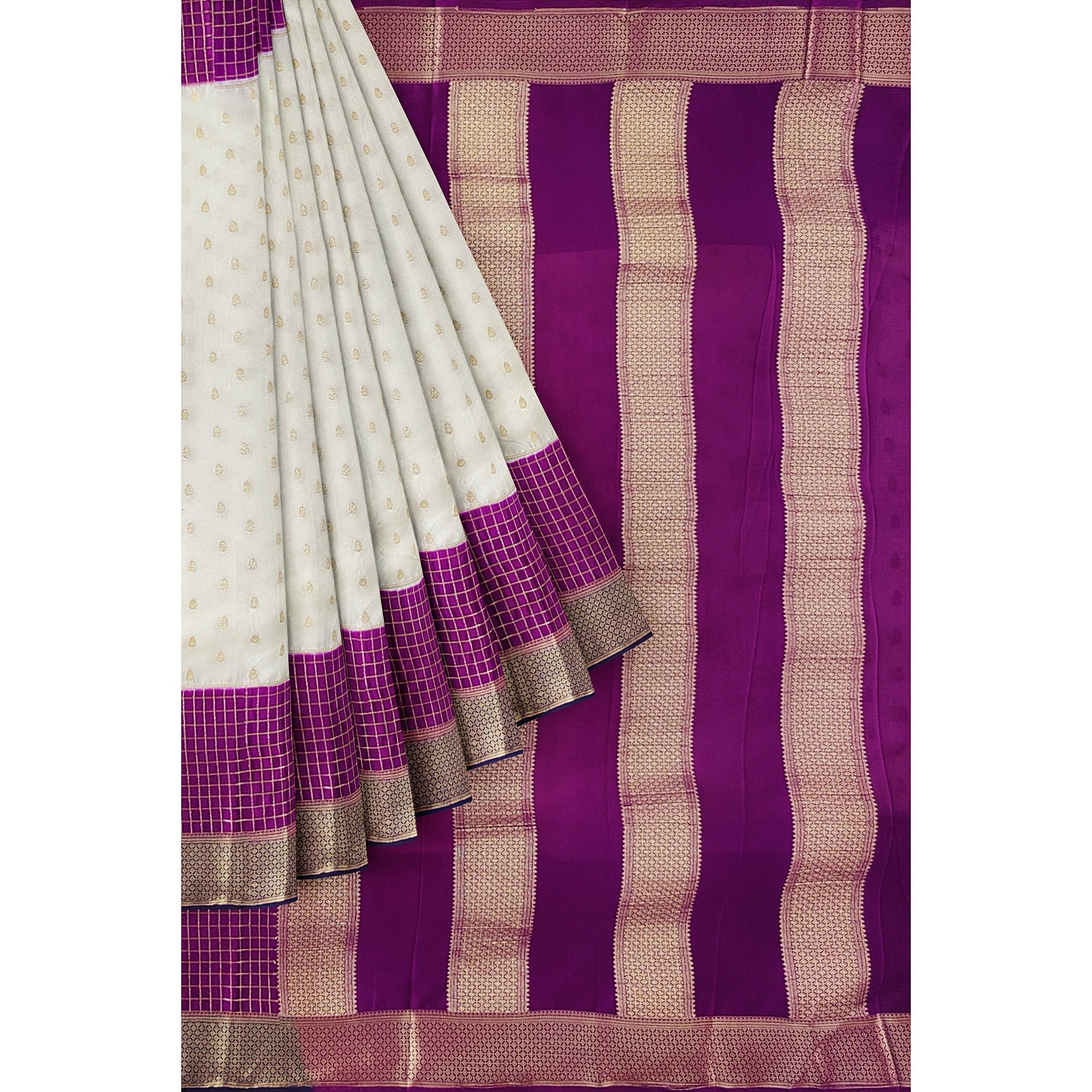 White Semi Mysore Silk Saree – Purple & Navy Accents – Shop Online