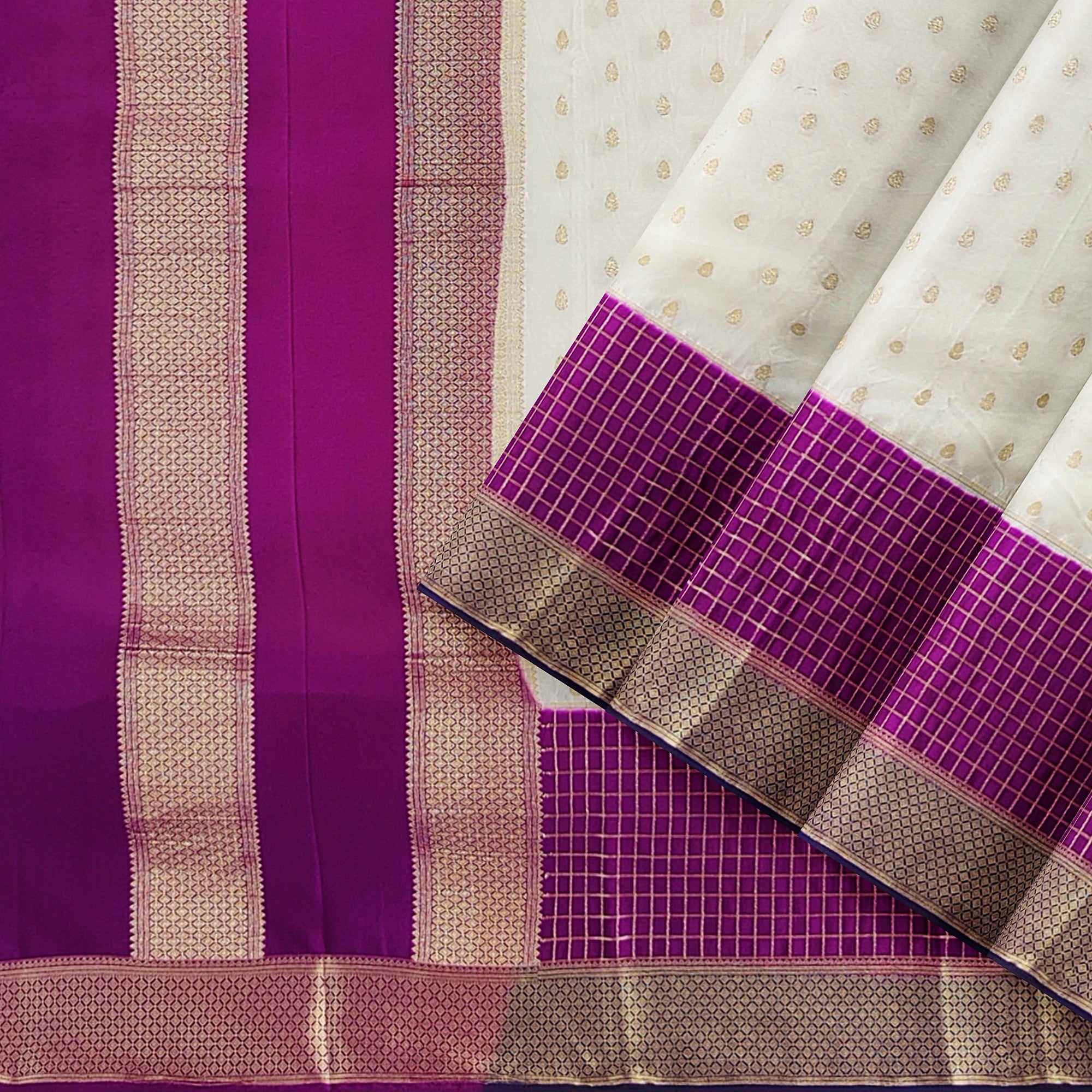 White Semi Mysore Silk Saree – Purple & Navy Accents – Shop Online