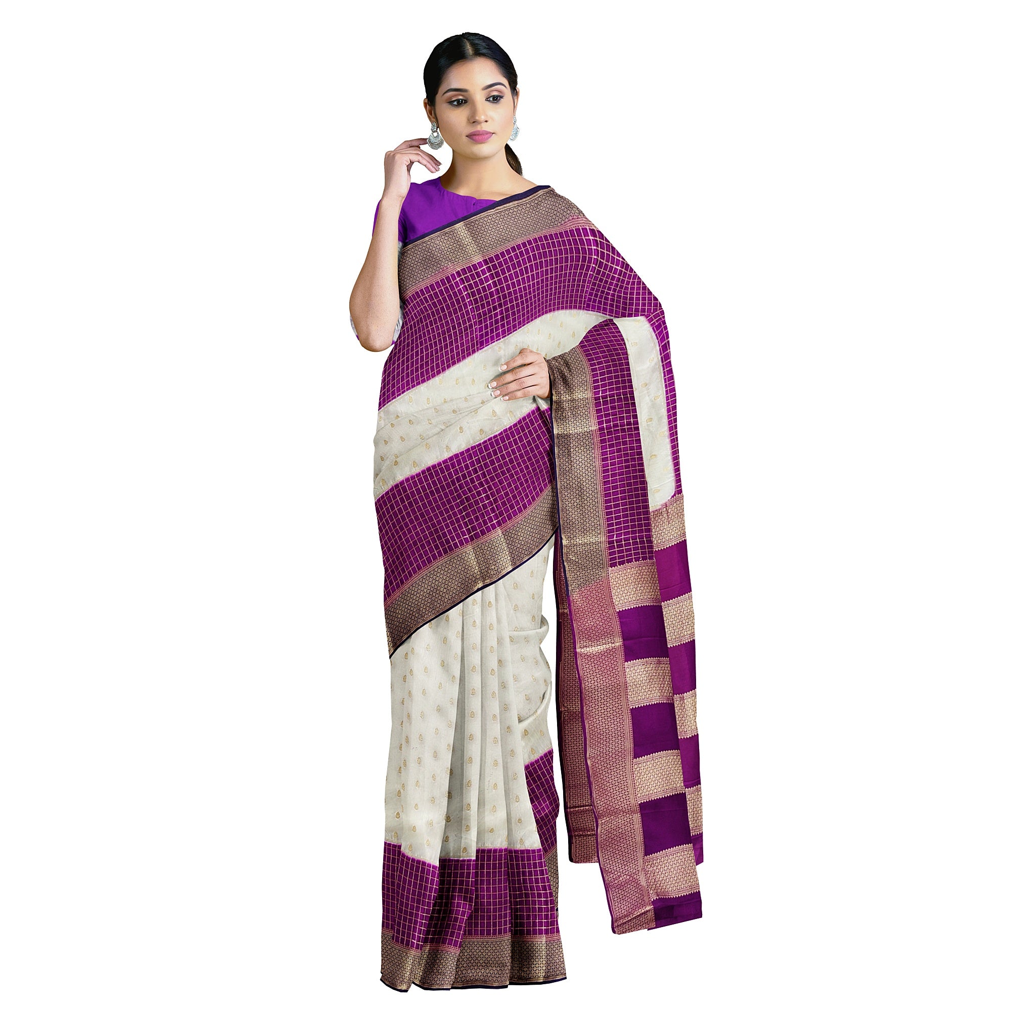 White Semi Mysore Silk Saree – Purple & Navy Accents – Shop Online