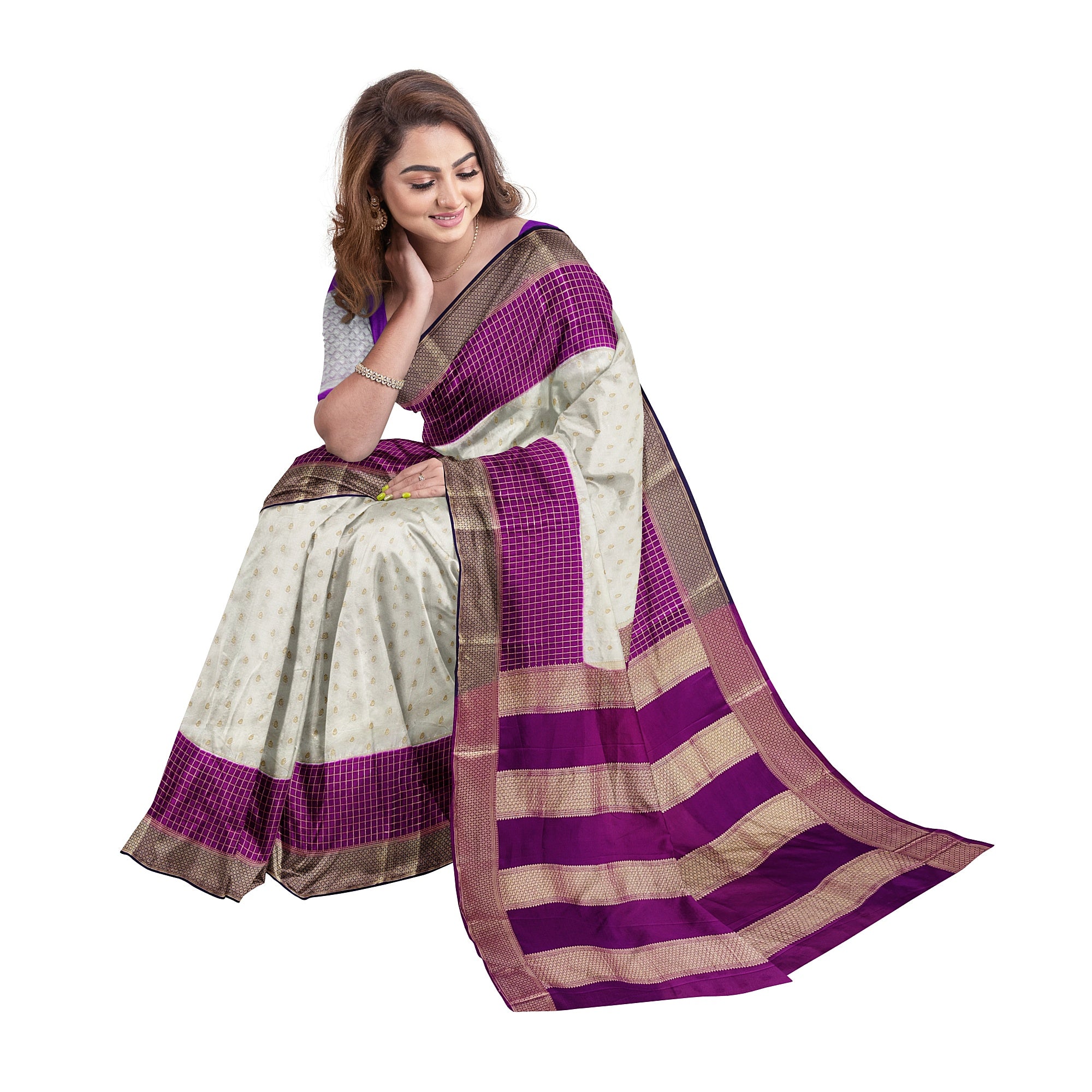 White Semi Mysore Silk Saree – Purple & Navy Accents – Shop Online