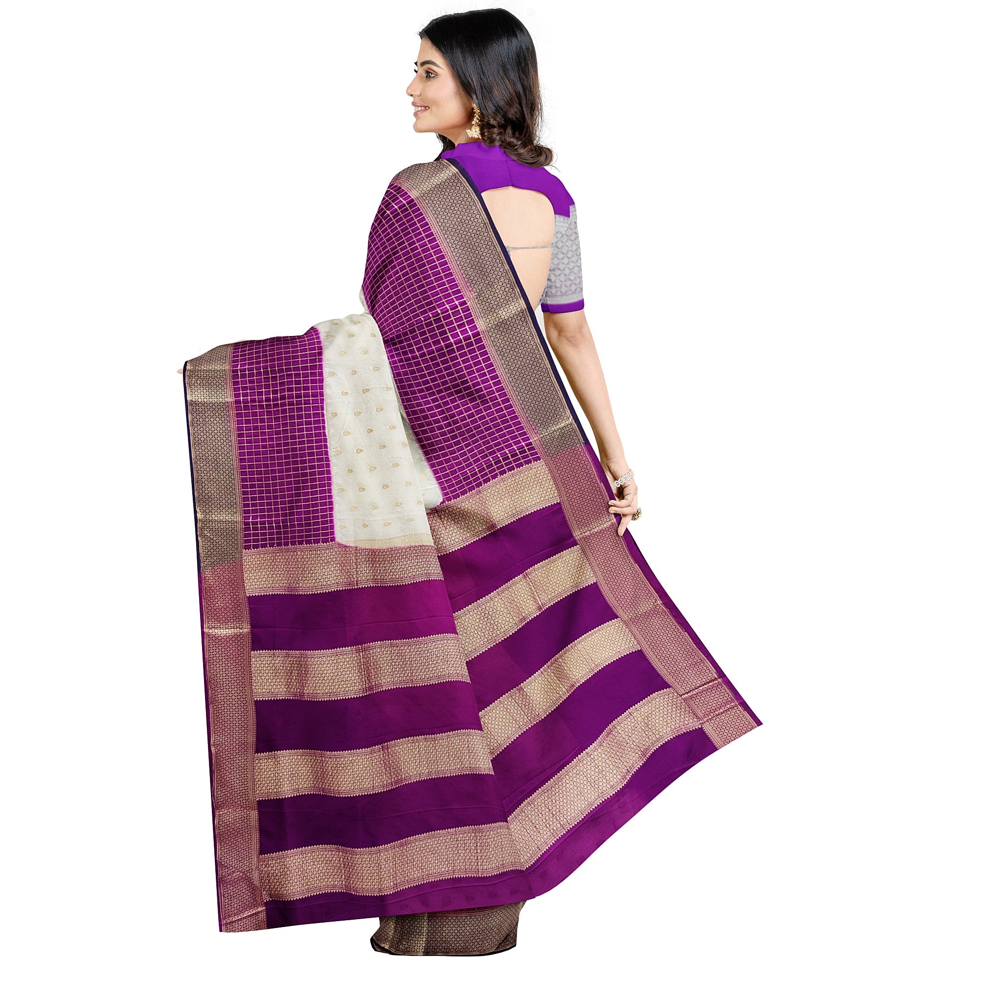 White Semi Mysore Silk Saree – Purple & Navy Accents – Shop Online
