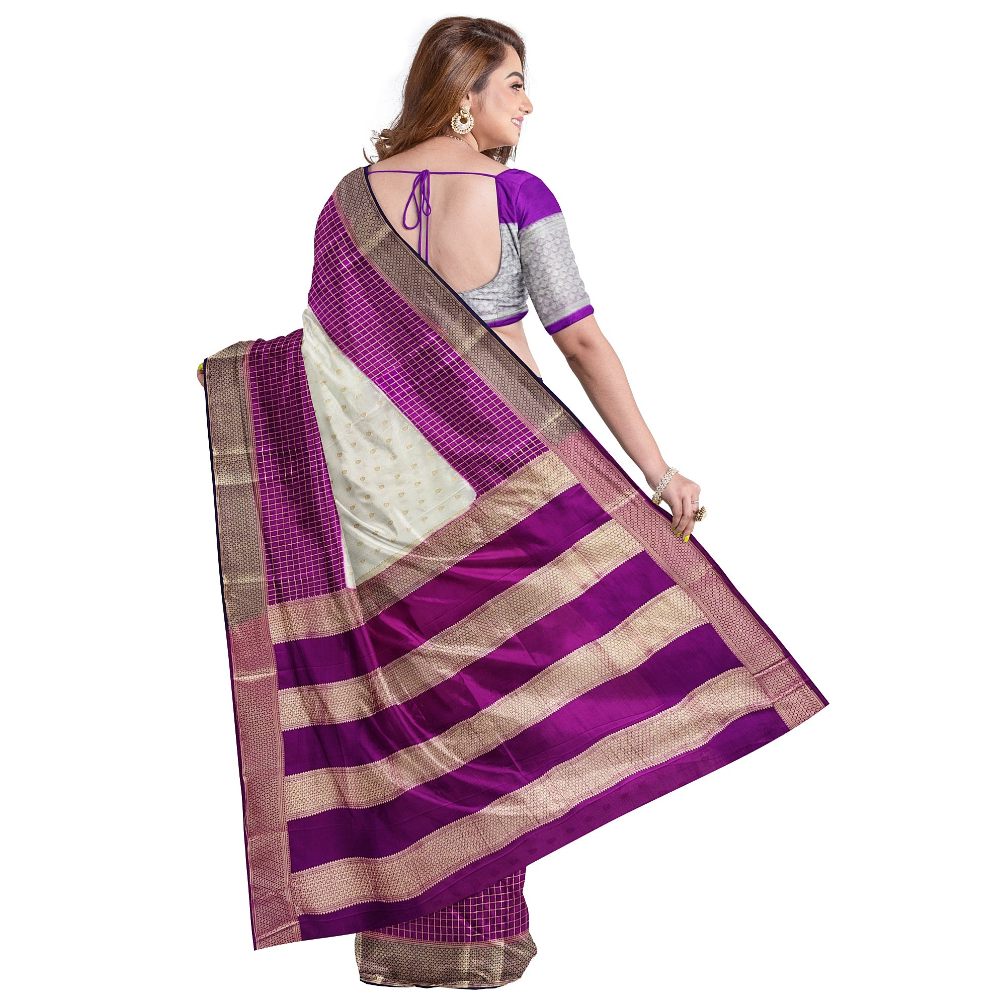 White Semi Mysore Silk Saree – Purple & Navy Accents – Shop Online