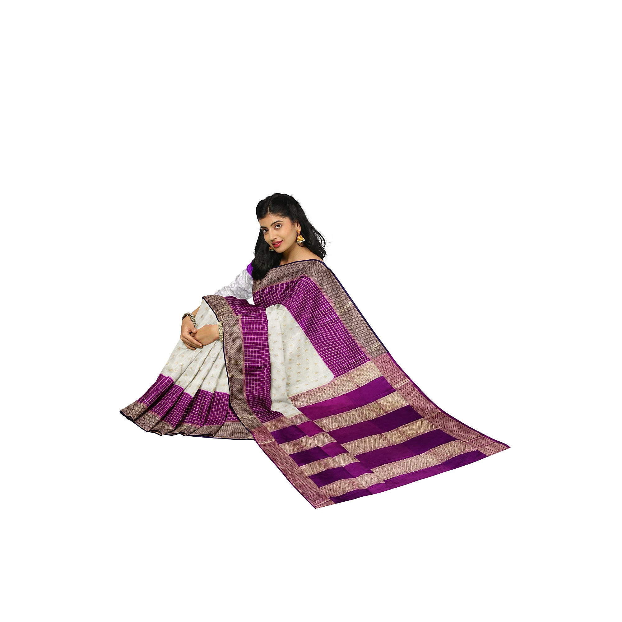 White Semi Mysore Silk Saree – Purple & Navy Accents – Shop Online