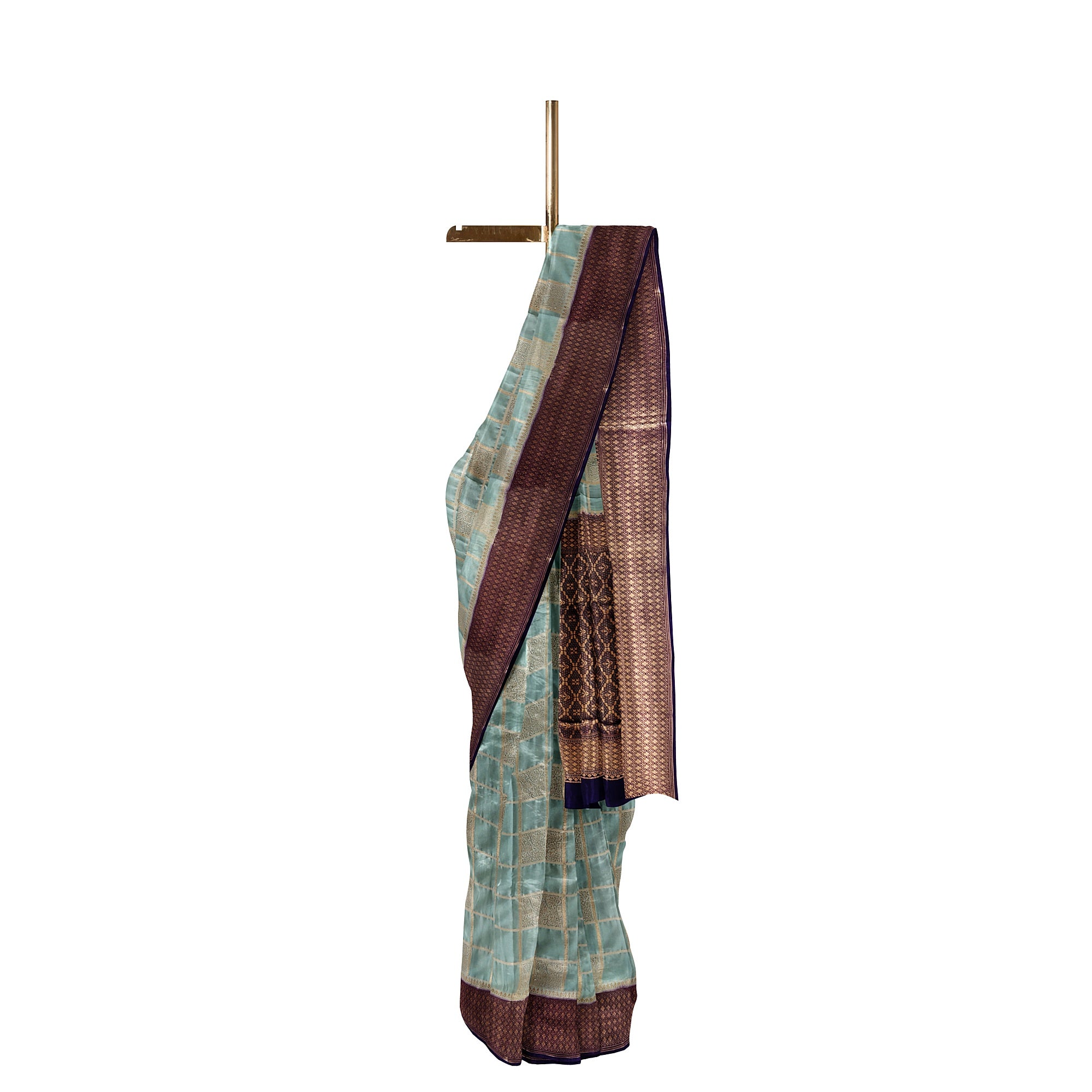 Blue Checked Semi Mysore Silk Saree – Navy Border – Shop Online