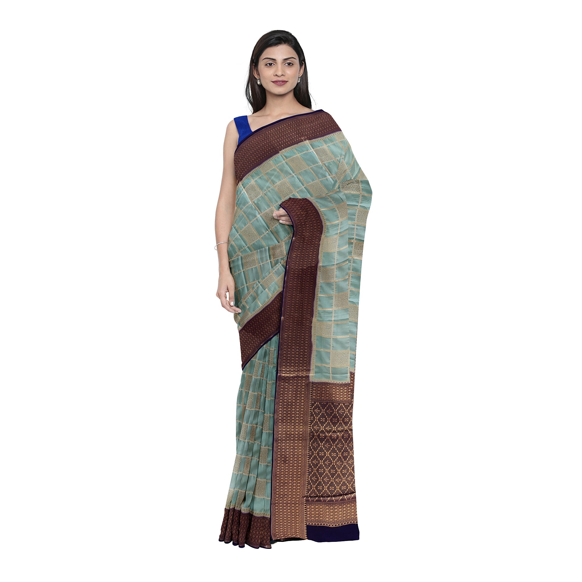Blue Checked Semi Mysore Silk Saree – Navy Border – Shop Online