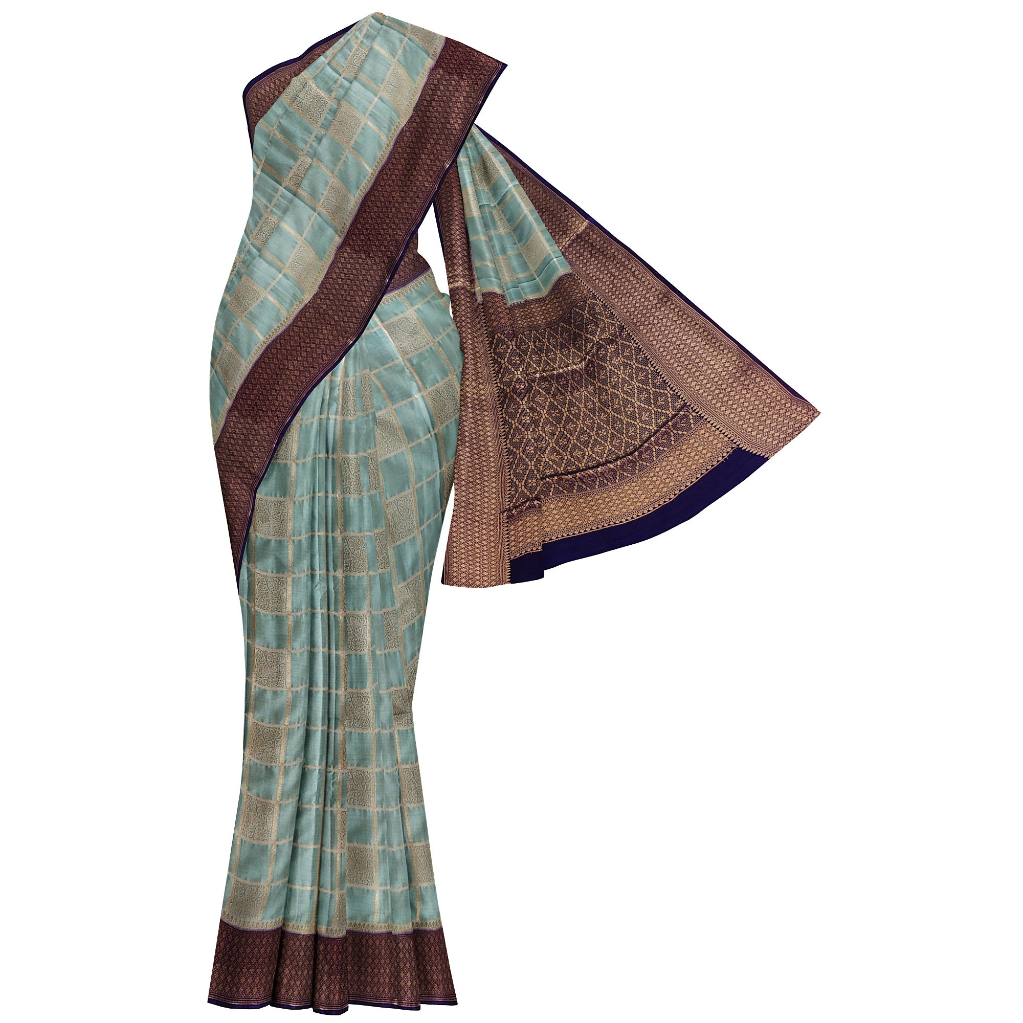 Blue Checked Semi Mysore Silk Saree – Navy Border – Shop Online