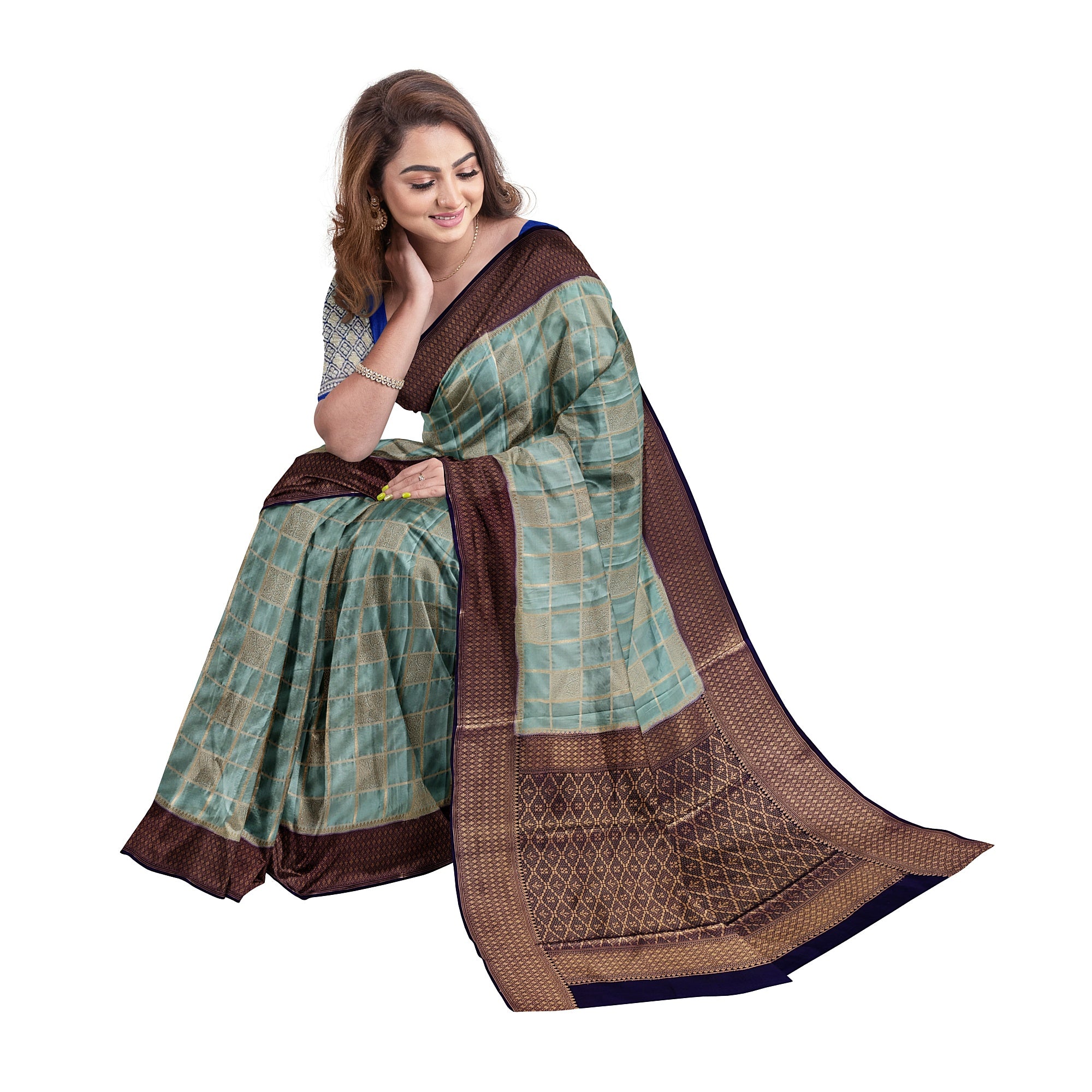 Blue Checked Semi Mysore Silk Saree – Navy Border – Shop Online