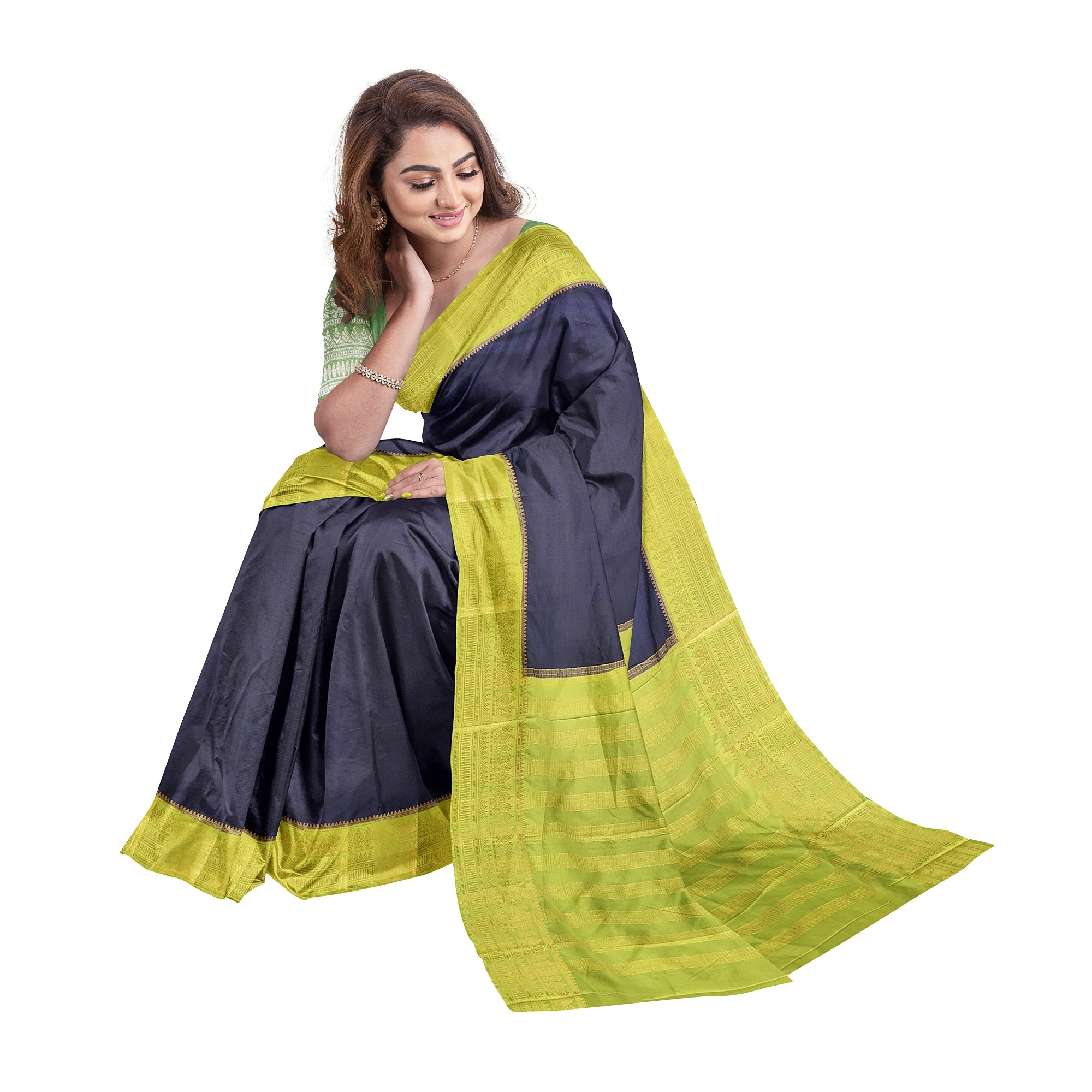 Navy Blue Saree – Pista Green Border – Shop Online