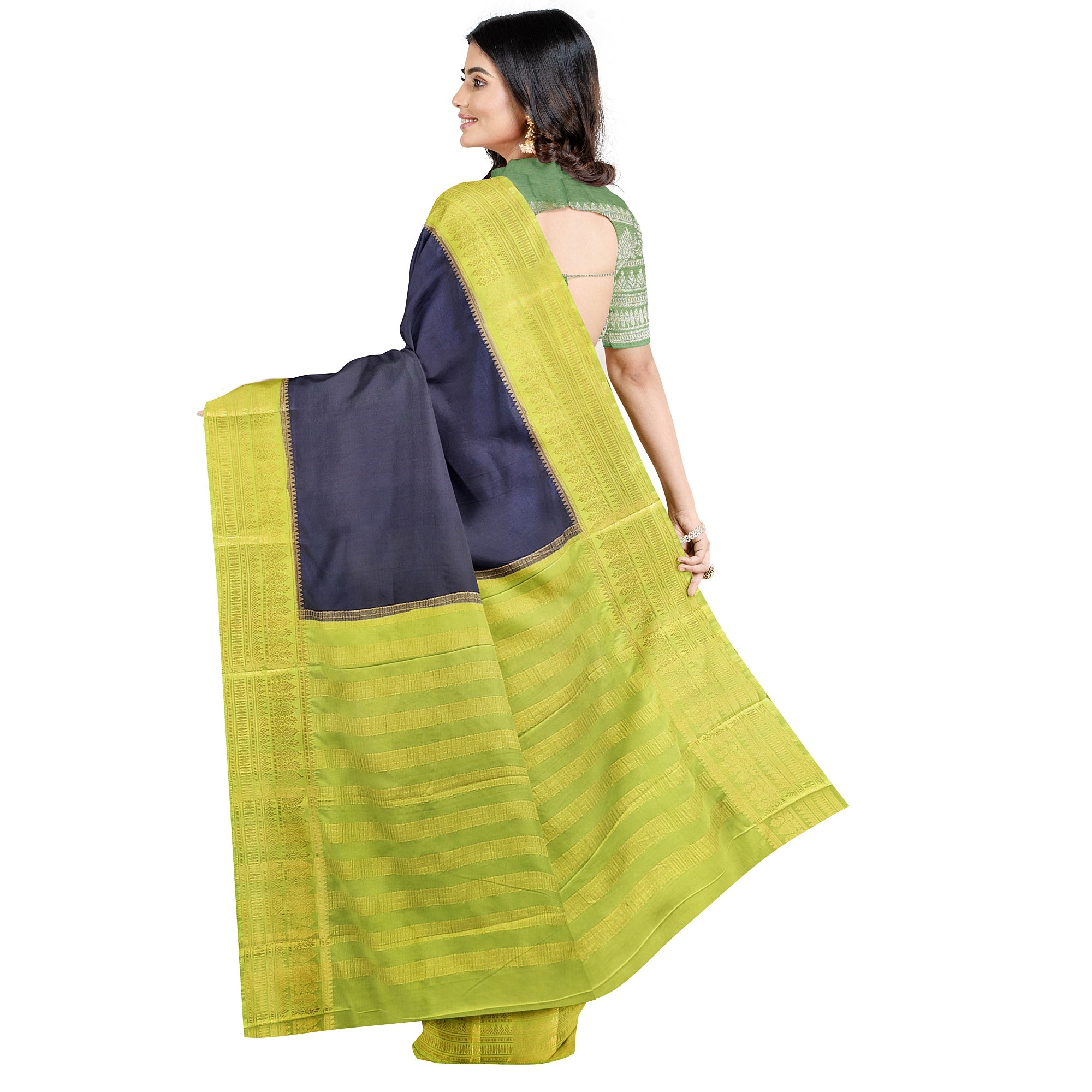 Navy Blue Saree – Pista Green Border – Shop Online