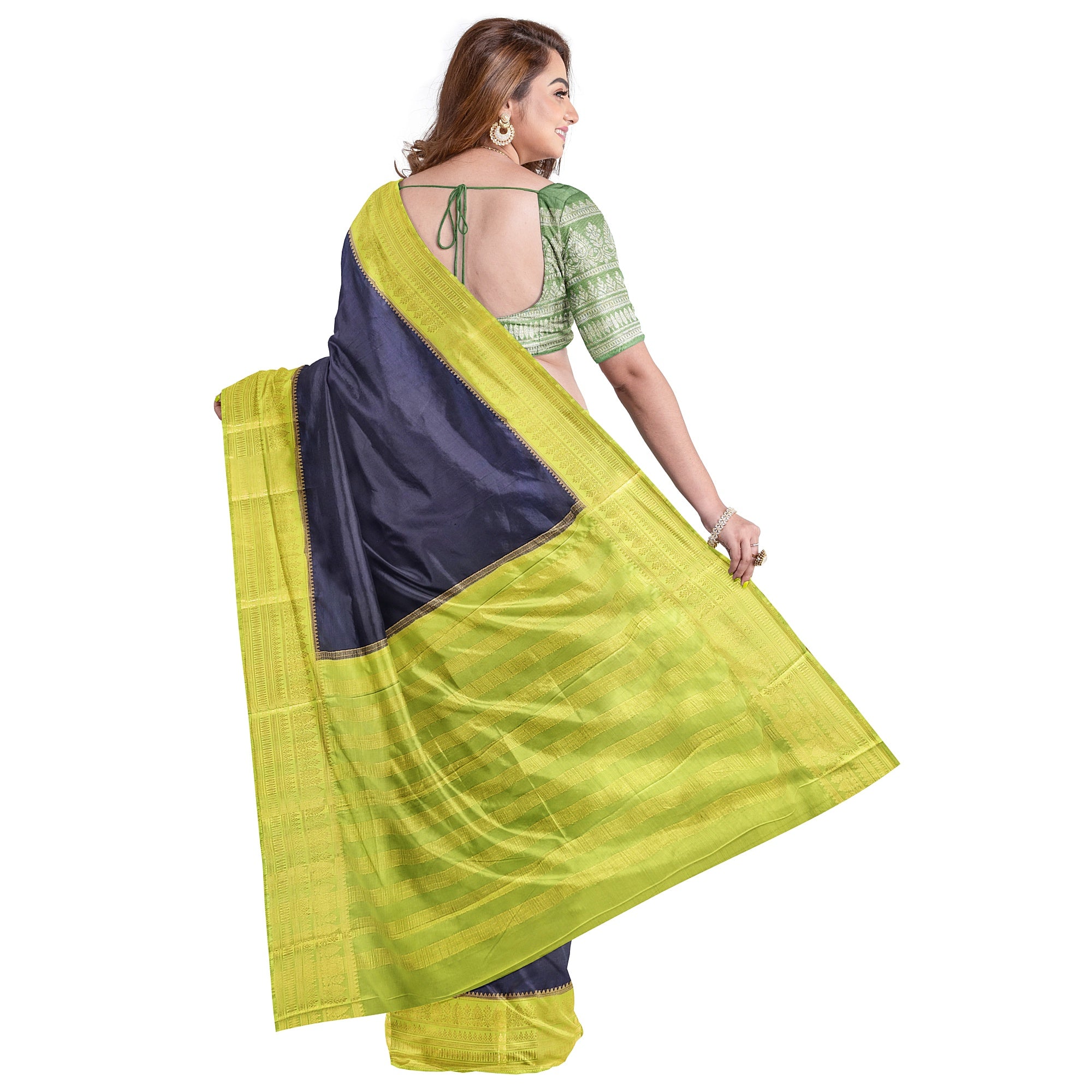 Navy Blue Saree – Pista Green Border – Shop Online