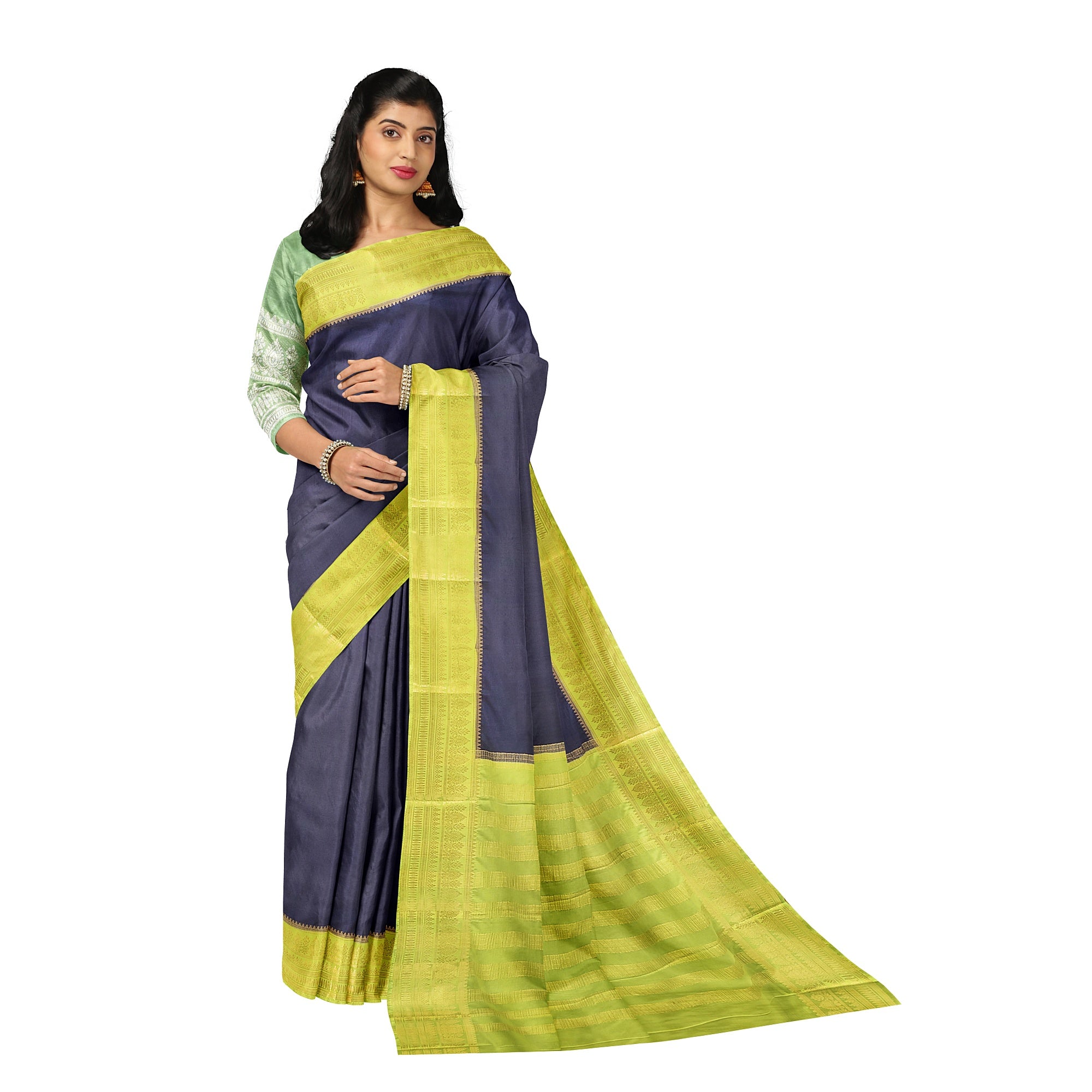 Navy Blue Saree – Pista Green Border – Shop Online