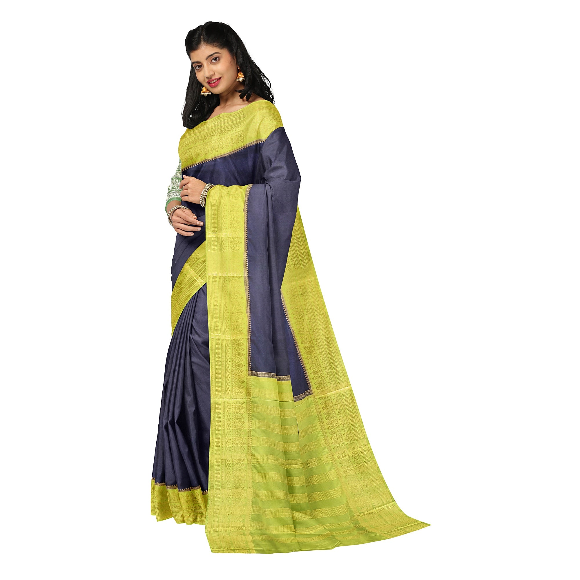 Navy Blue Saree – Pista Green Border – Shop Online