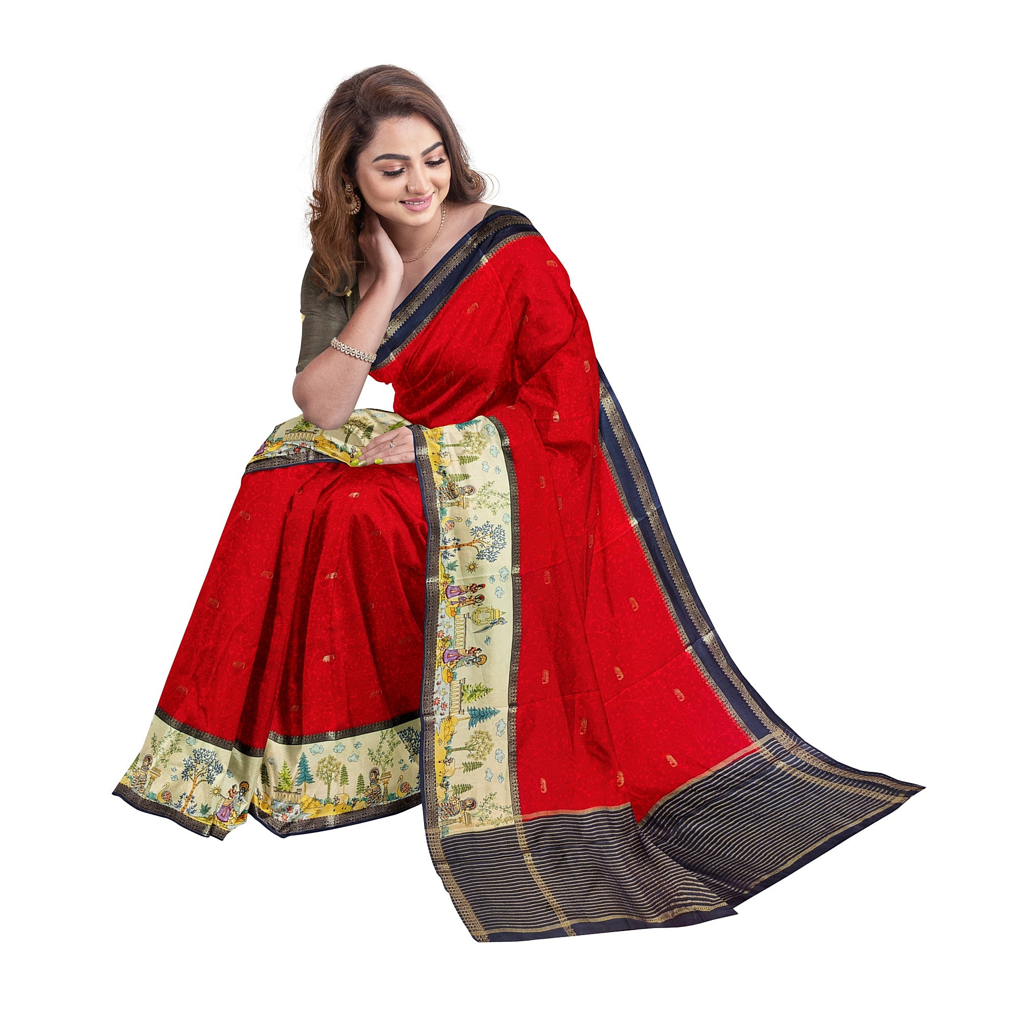 Red Saree – Floral Work & Traditional Printed Border – Shop Online