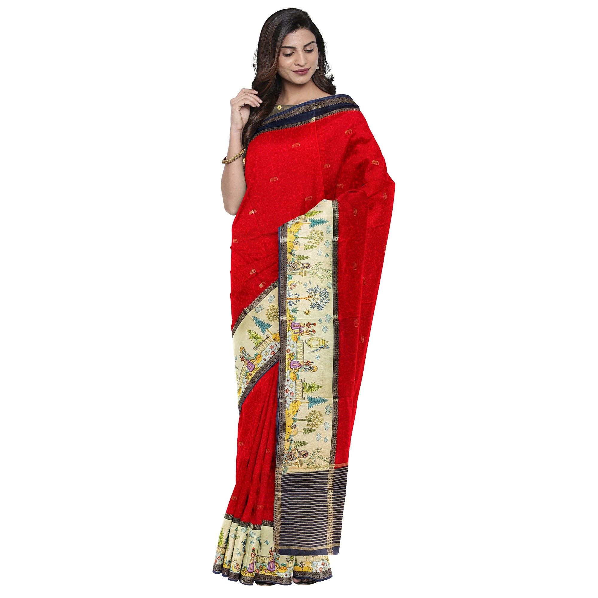 Red Saree – Floral Work & Traditional Printed Border – Shop Online