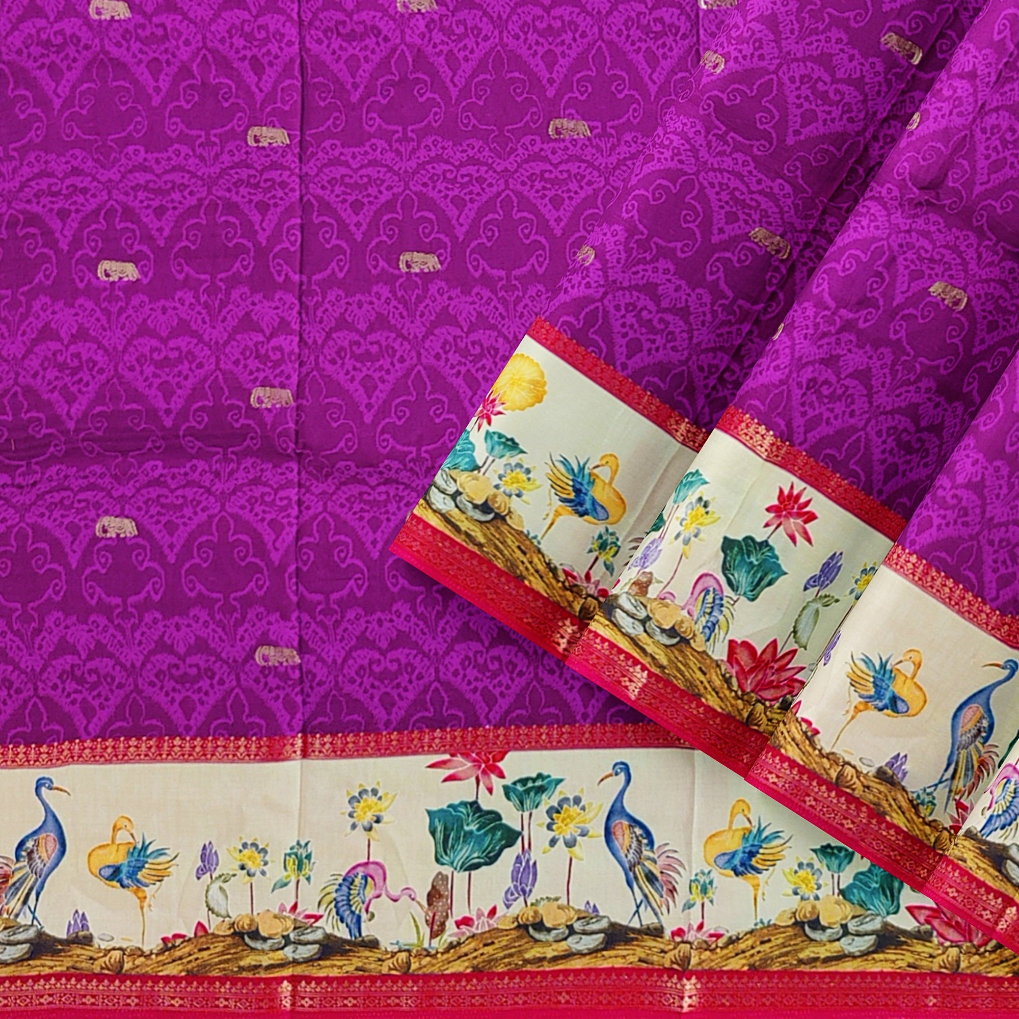 Purple Printed Saree – Flamingo Border Work – Shop Online