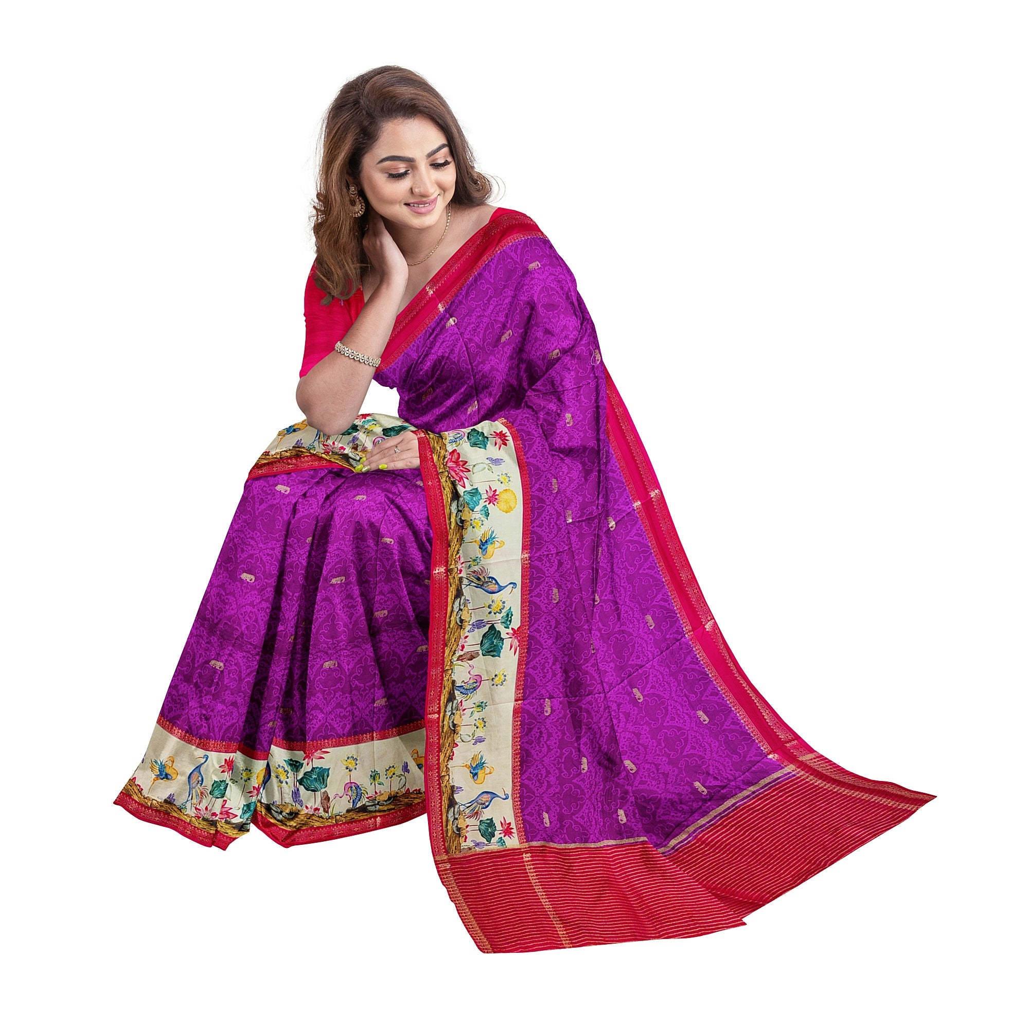 Purple Printed Saree – Flamingo Border Work – Shop Online
