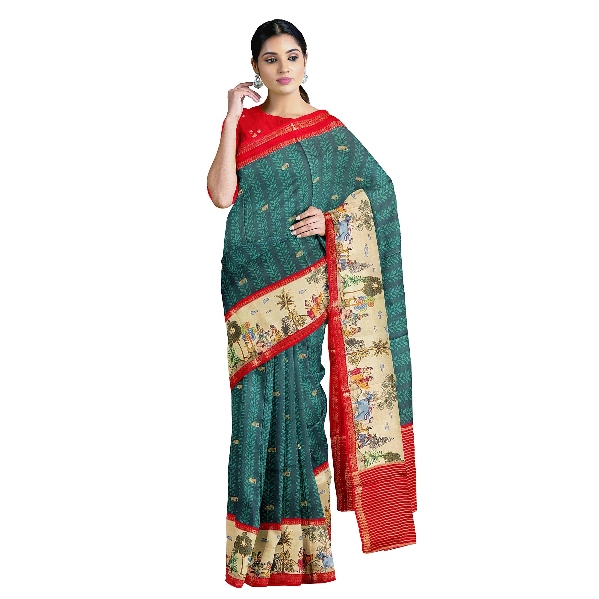 Bottle Green Saree – Elephant Motifs & Ancient Border – Shop Online