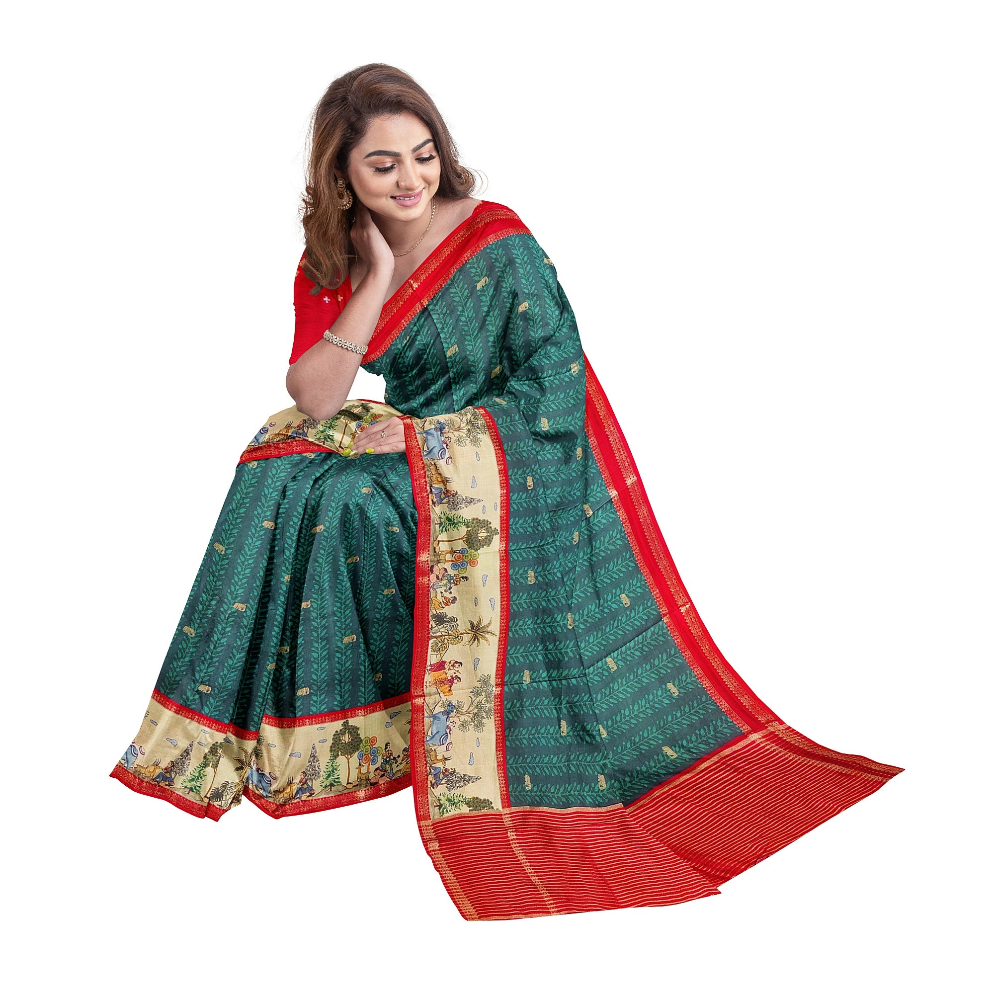 Bottle Green Saree – Elephant Motifs & Ancient Border – Shop Online