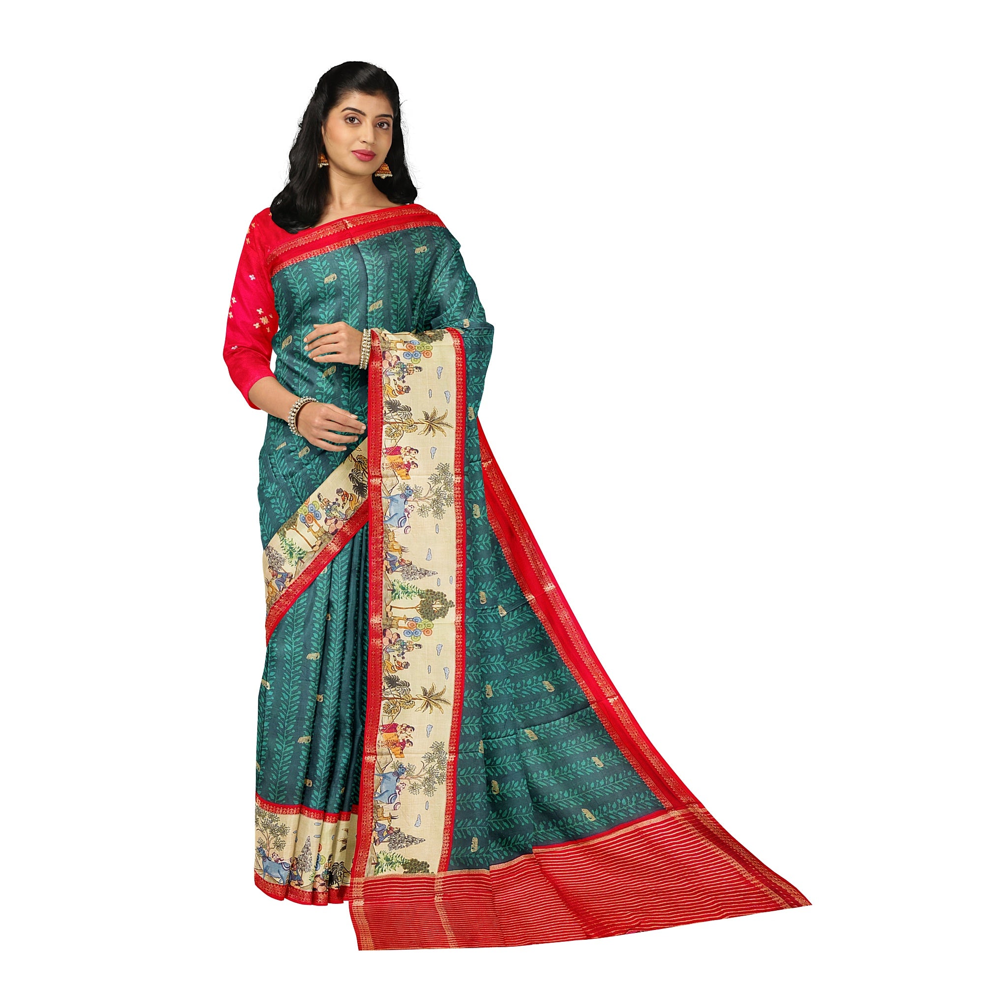 Bottle Green Saree – Elephant Motifs & Ancient Border – Shop Online