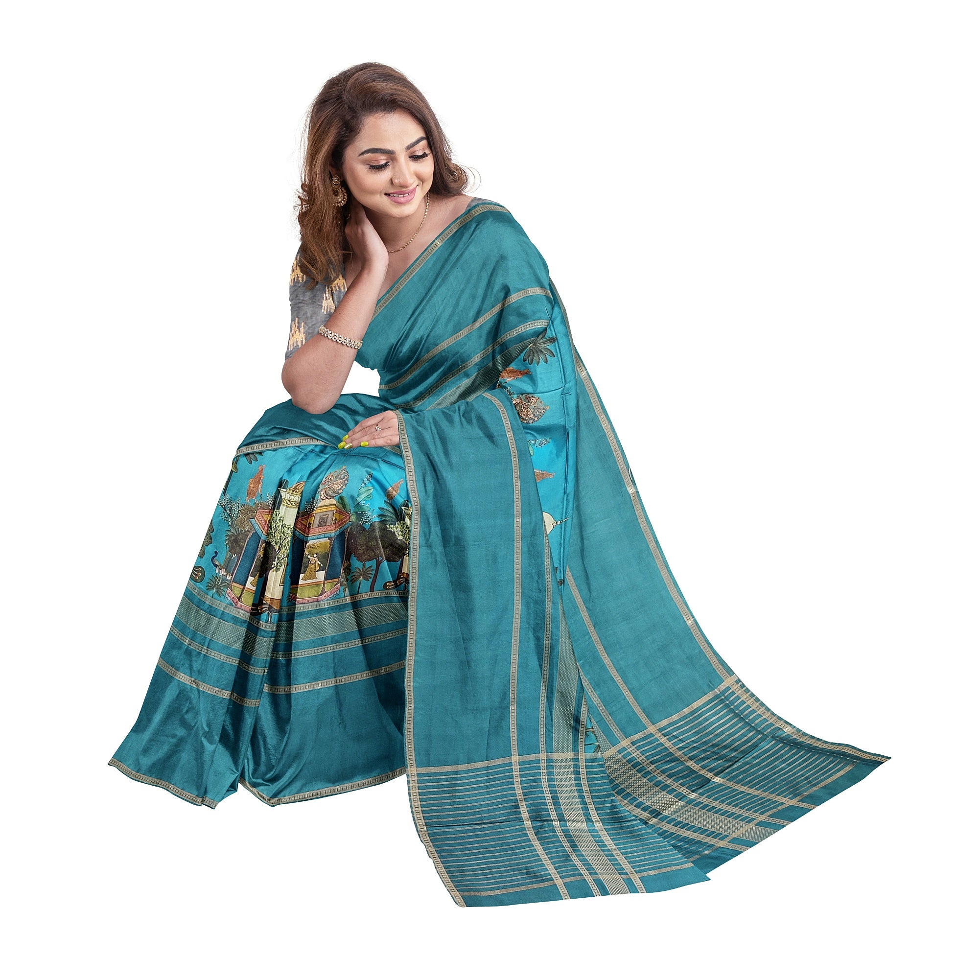 Rama Blue Printed Saree – Gold Border – Shop Online