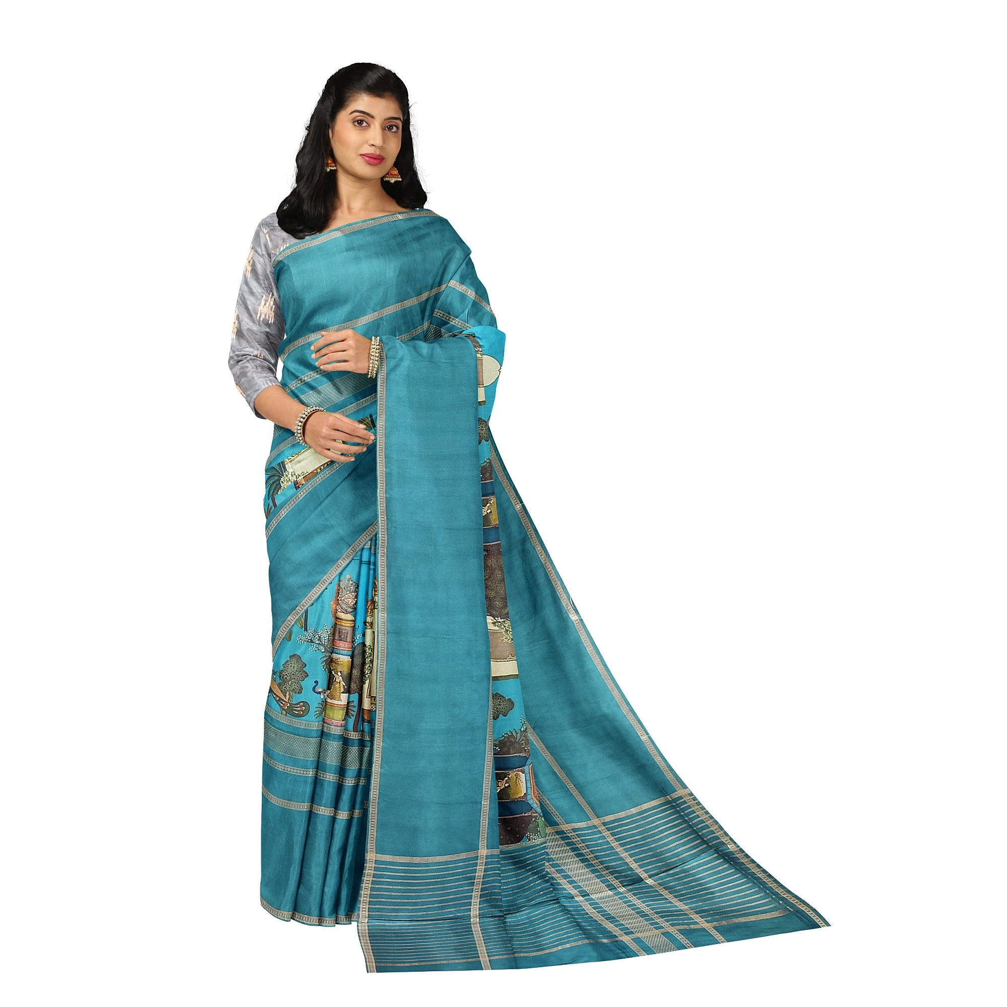 Rama Blue Printed Saree – Gold Border – Shop Online