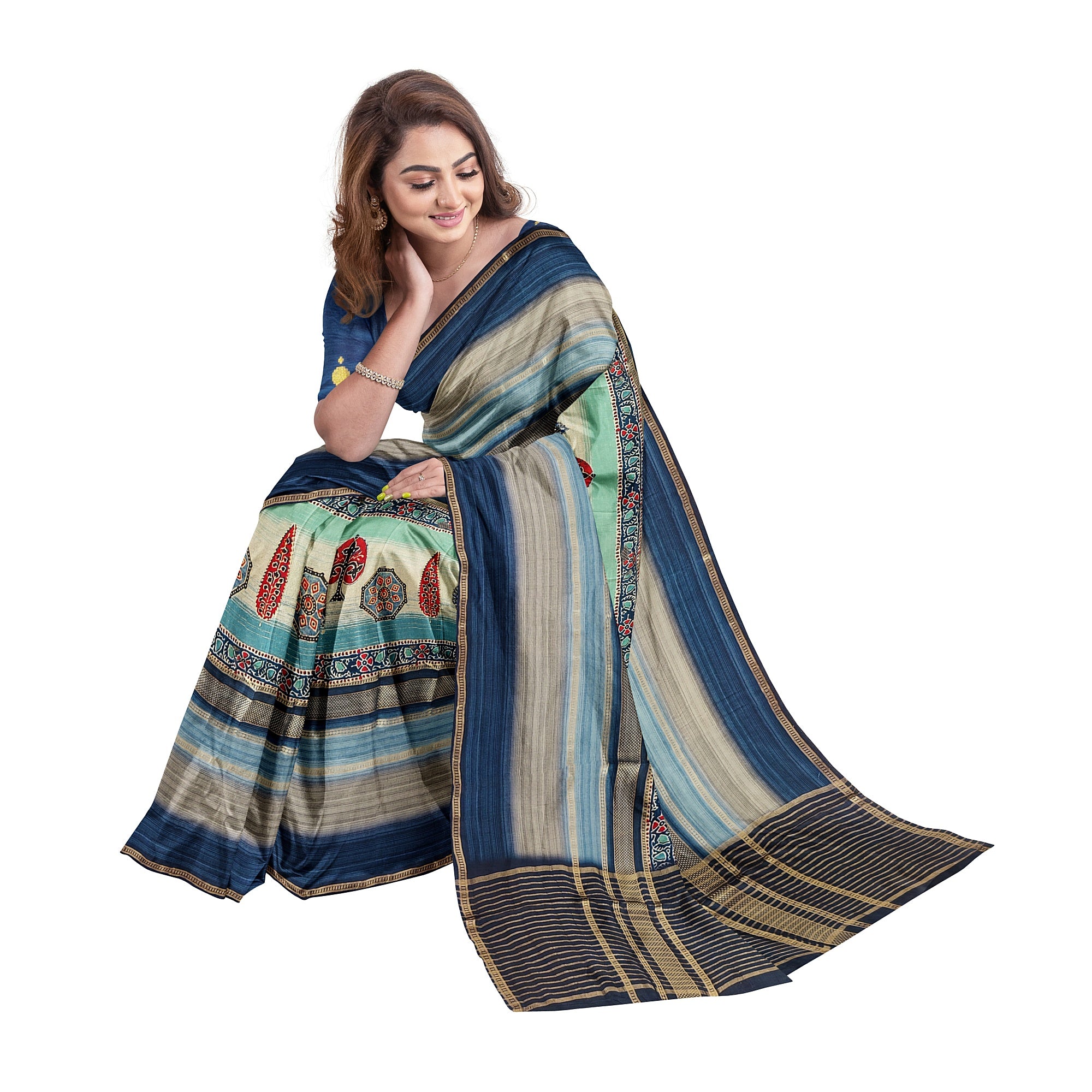 Blue Printed Saree – Grey Shaded Design – Shop Online
