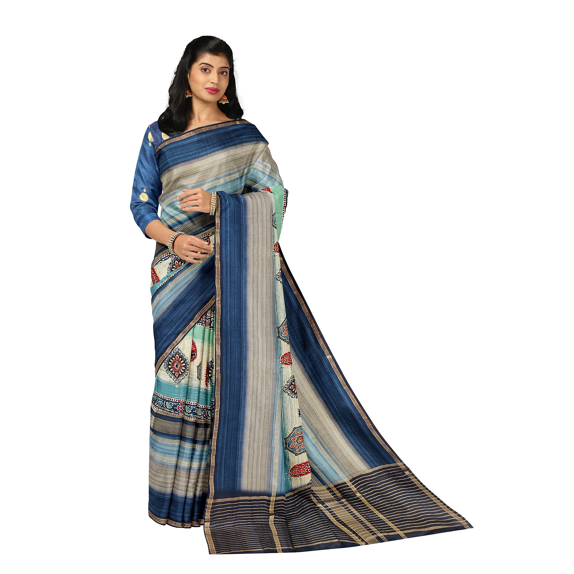 Blue Printed Saree – Grey Shaded Design – Shop Online