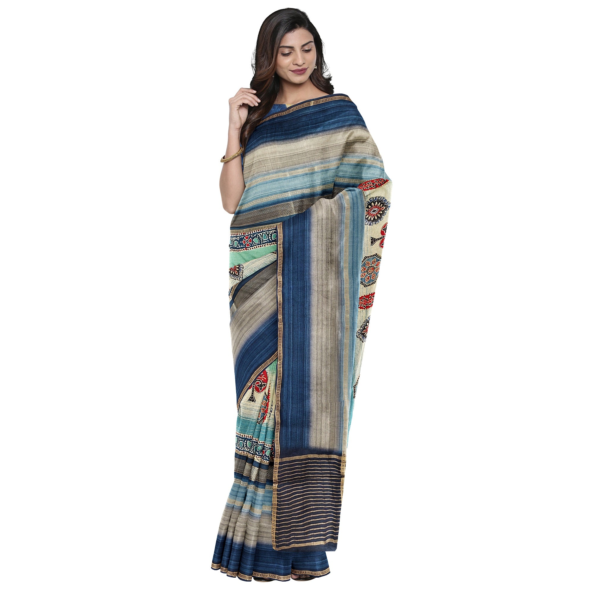 Blue Printed Saree – Grey Shaded Design – Shop Online