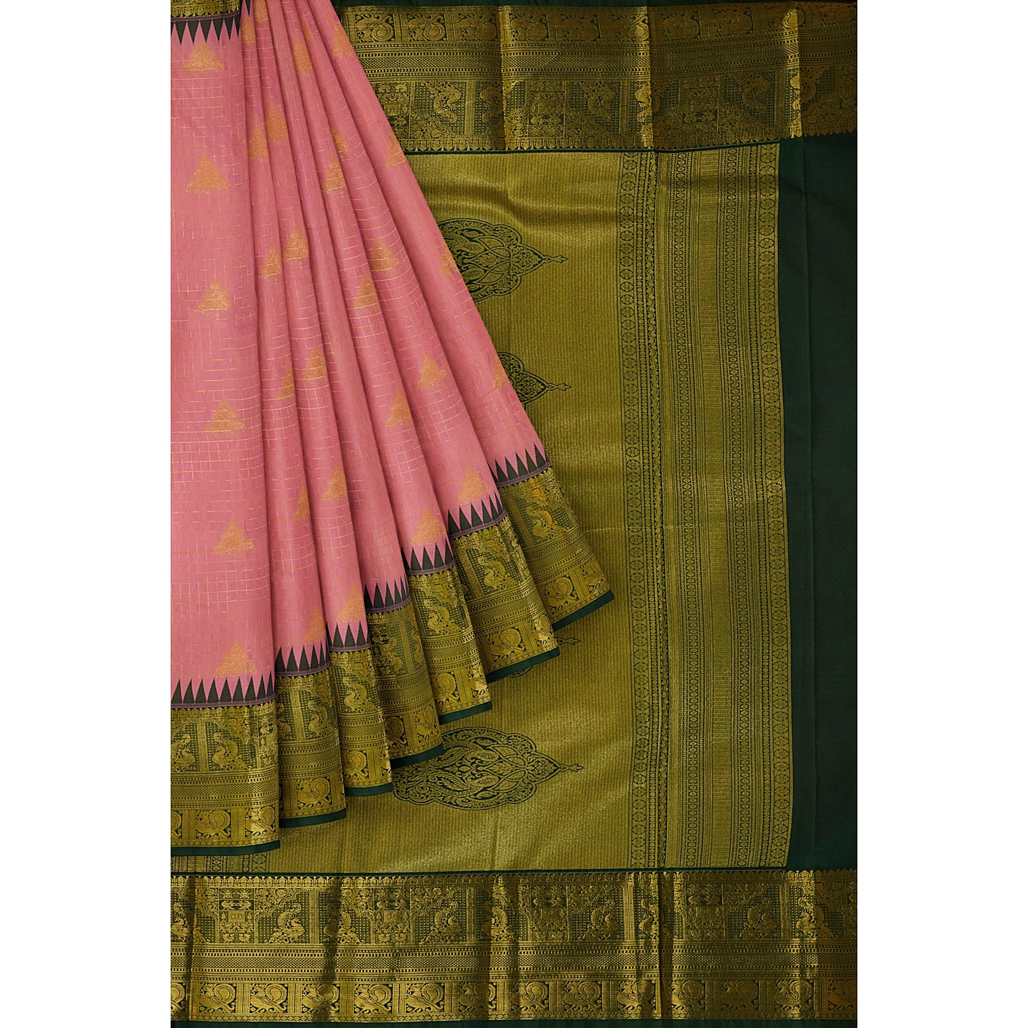 "Baby Pink Semi Silk Saree with Zari Line Butta Design and Bottle Green Border" - New Sudarshan Silks`