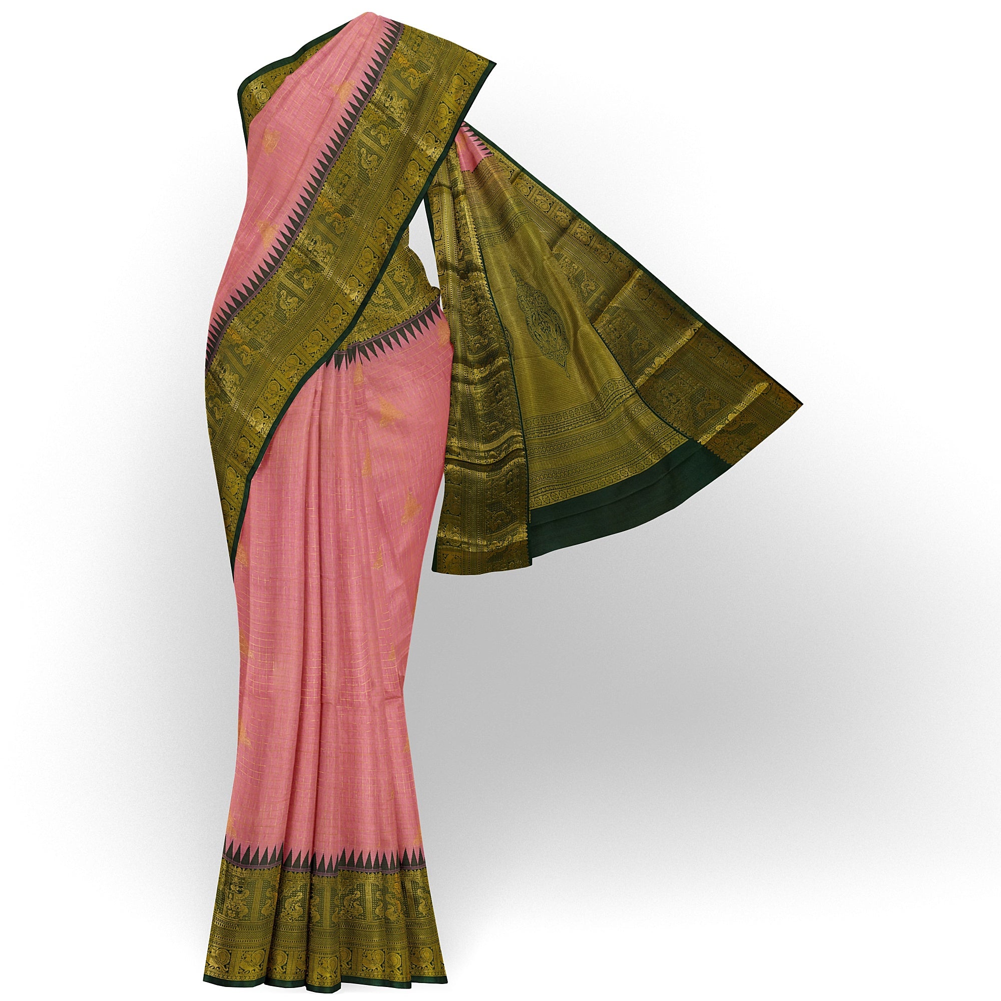 "Baby Pink Semi Silk Saree with Zari Line Butta Design and Bottle Green Border" - New Sudarshan Silks`