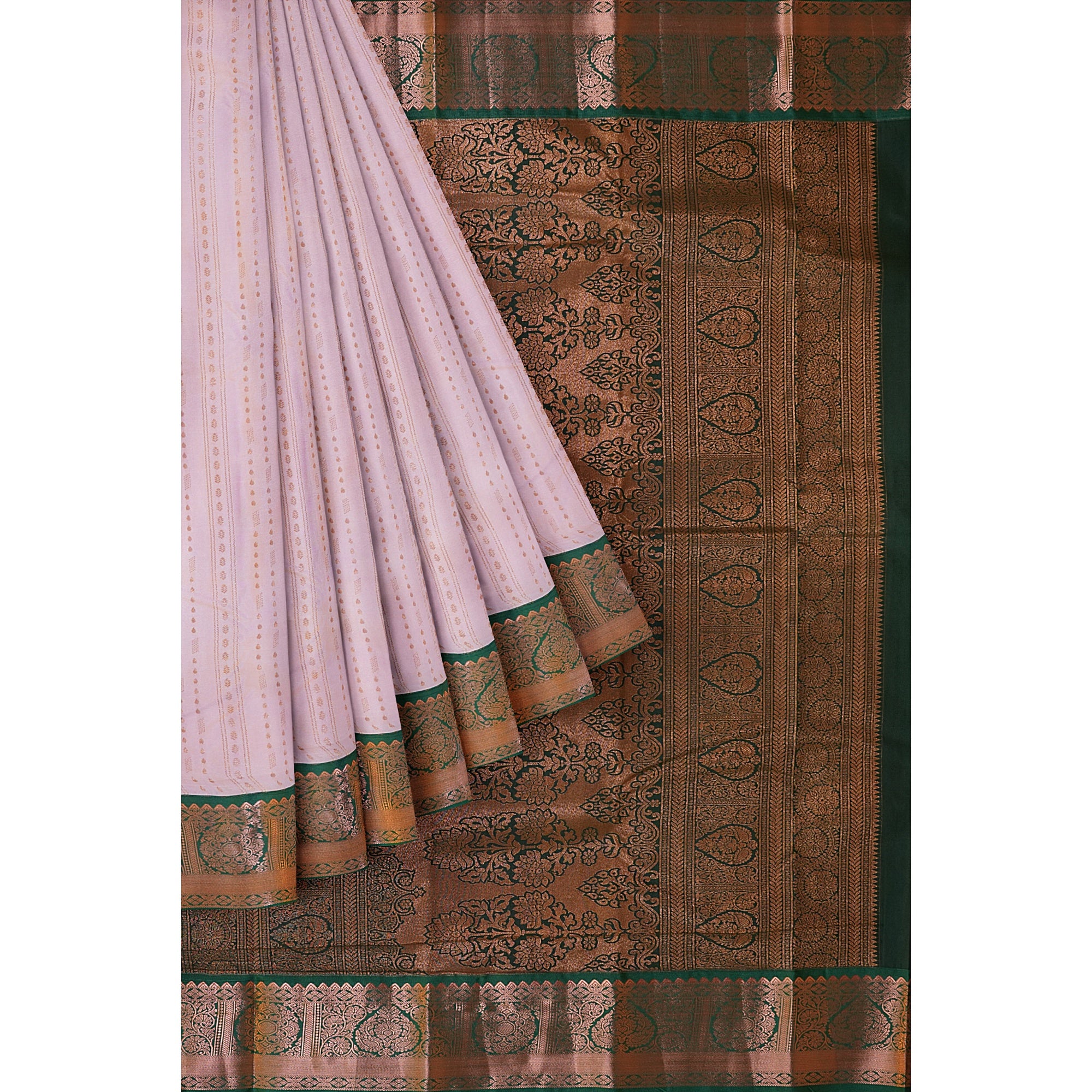 "Baby Pink Semi Silk Saree with Zari Butta and Bottle Green Border" - New Sudarshan Silks`