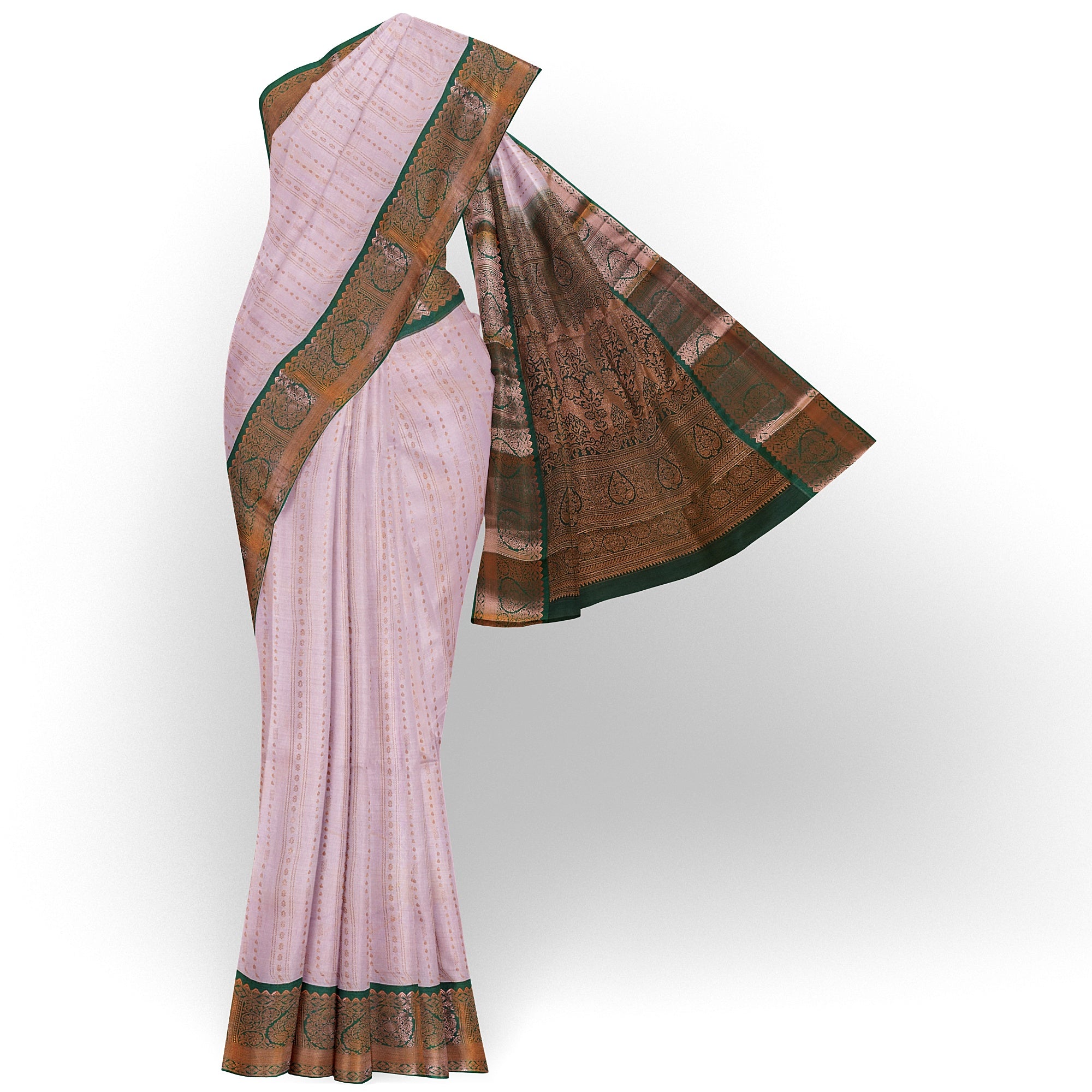 "Baby Pink Semi Silk Saree with Zari Butta and Bottle Green Border" - New Sudarshan Silks`