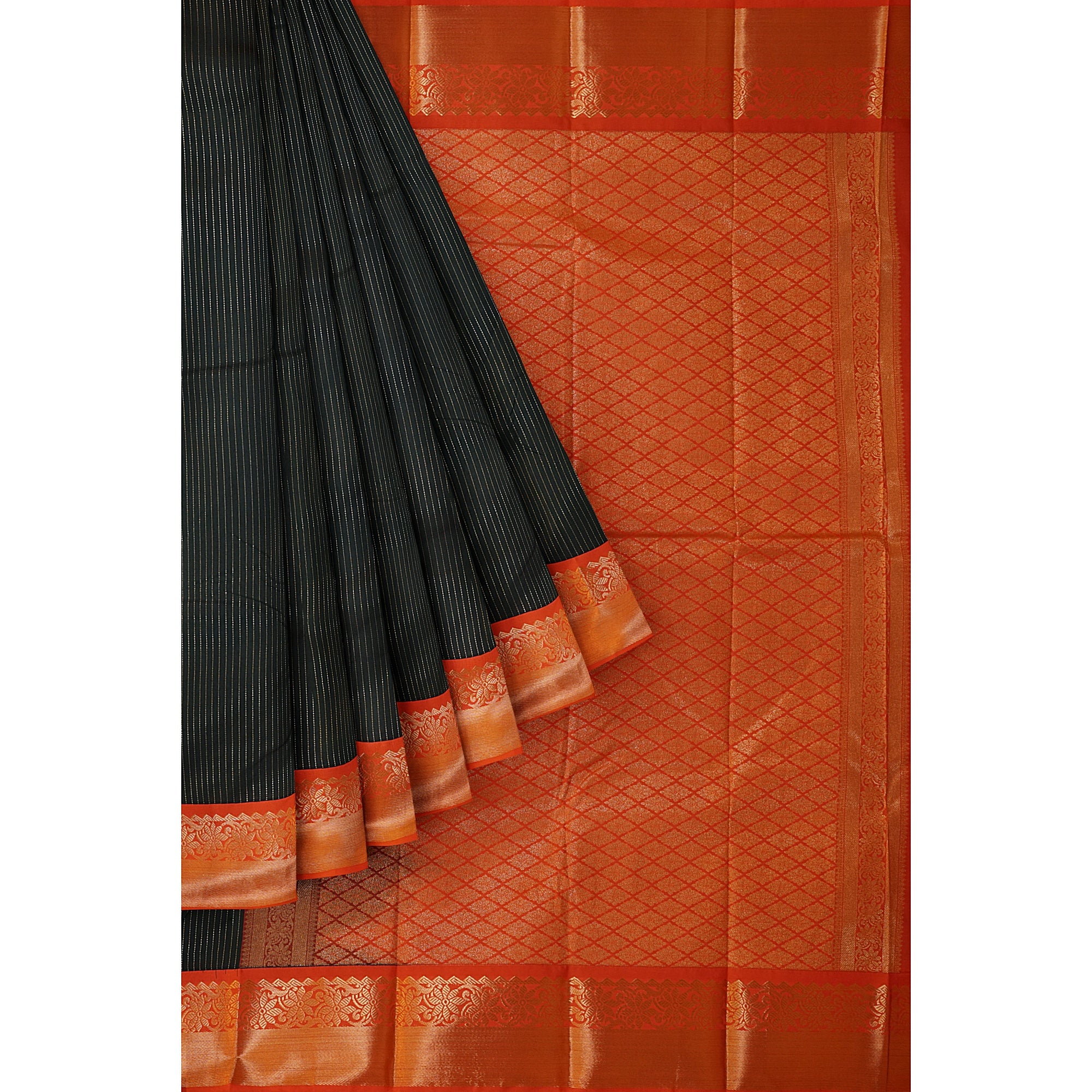 "Bottle Green Semi Silk Saree with Zari Lines and Bright Orange Border" - New Sudarshan Silks`