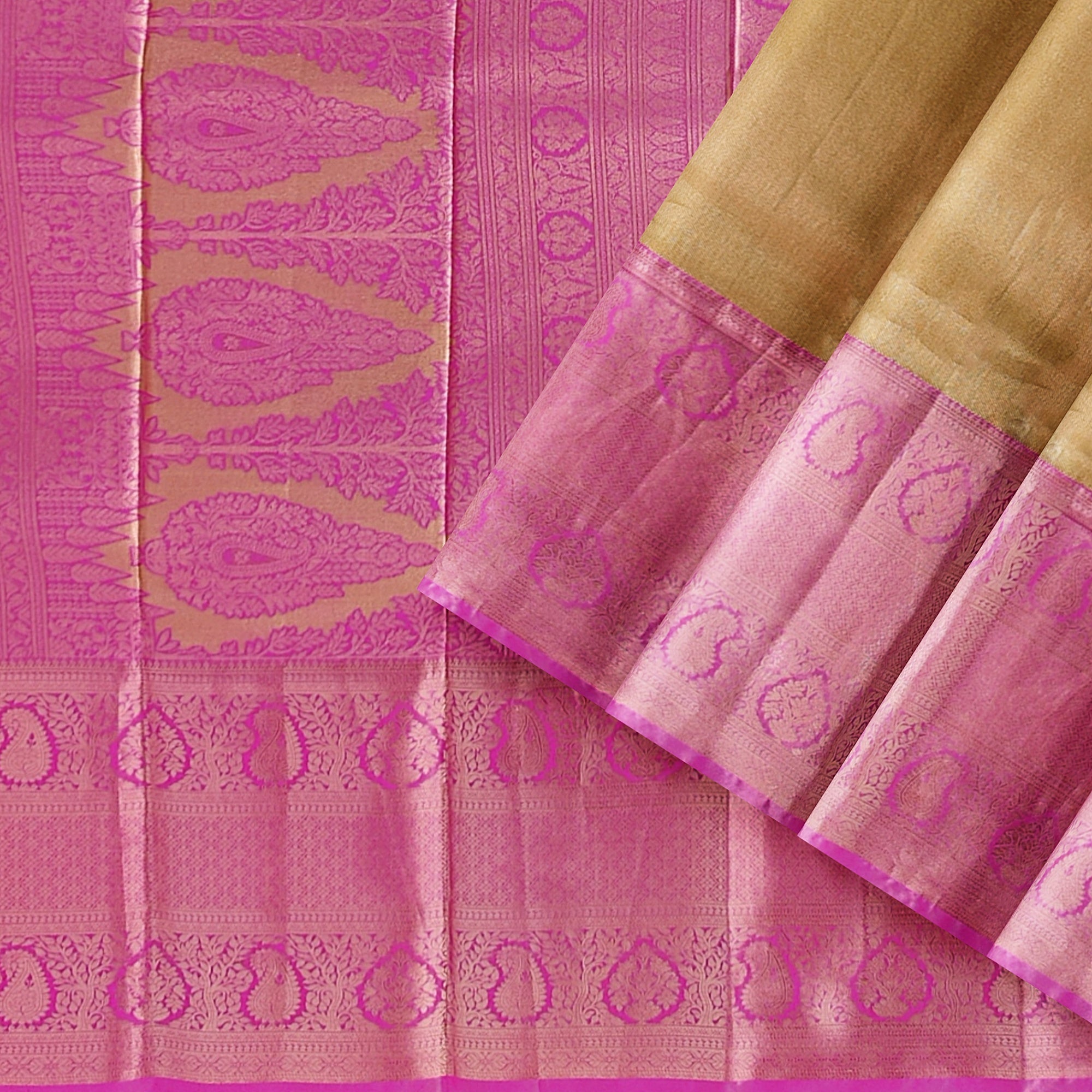 Royal Gold Saree with Light Pink Border – Elegant Zari Work
