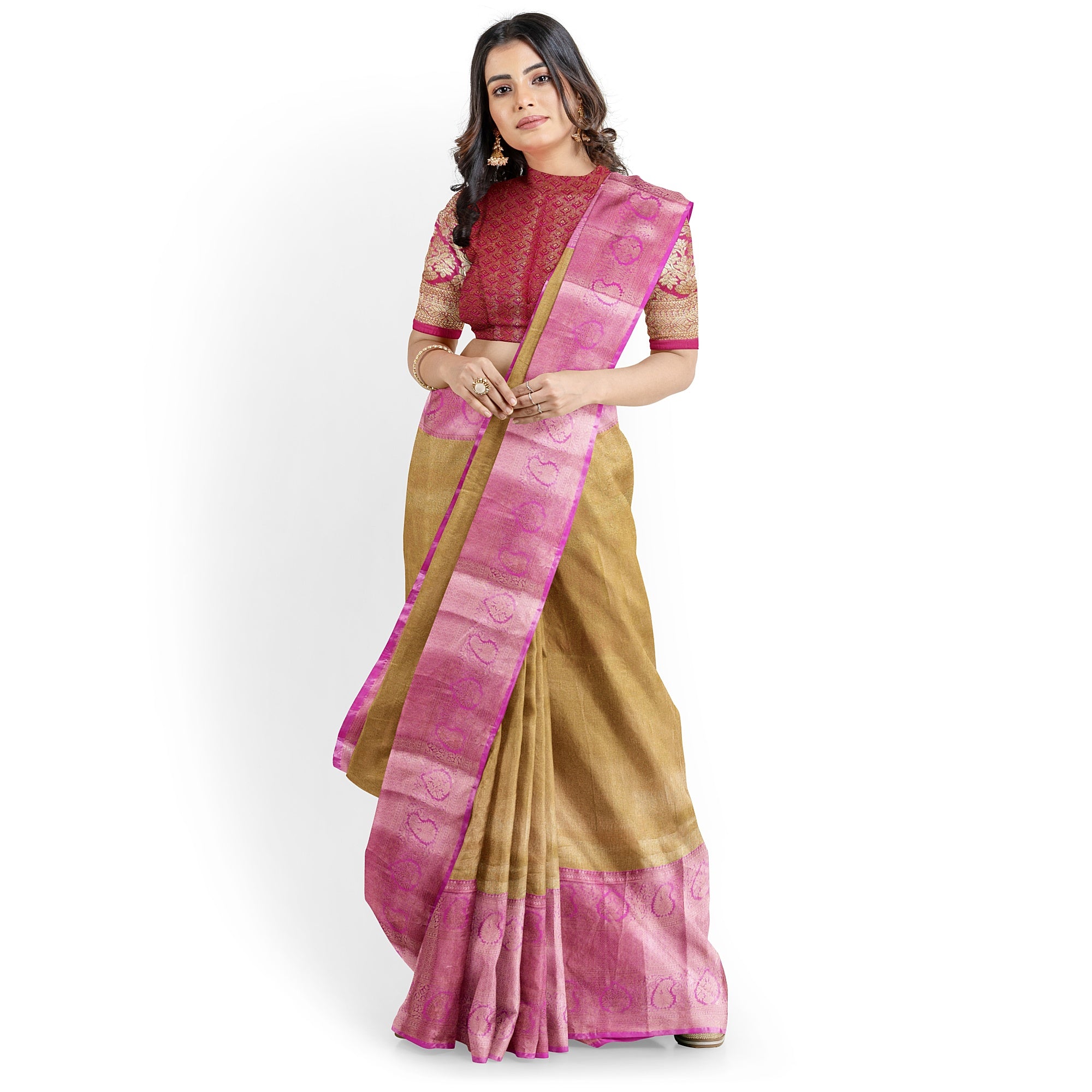 Royal Gold Saree with Light Pink Border – Elegant Zari Work