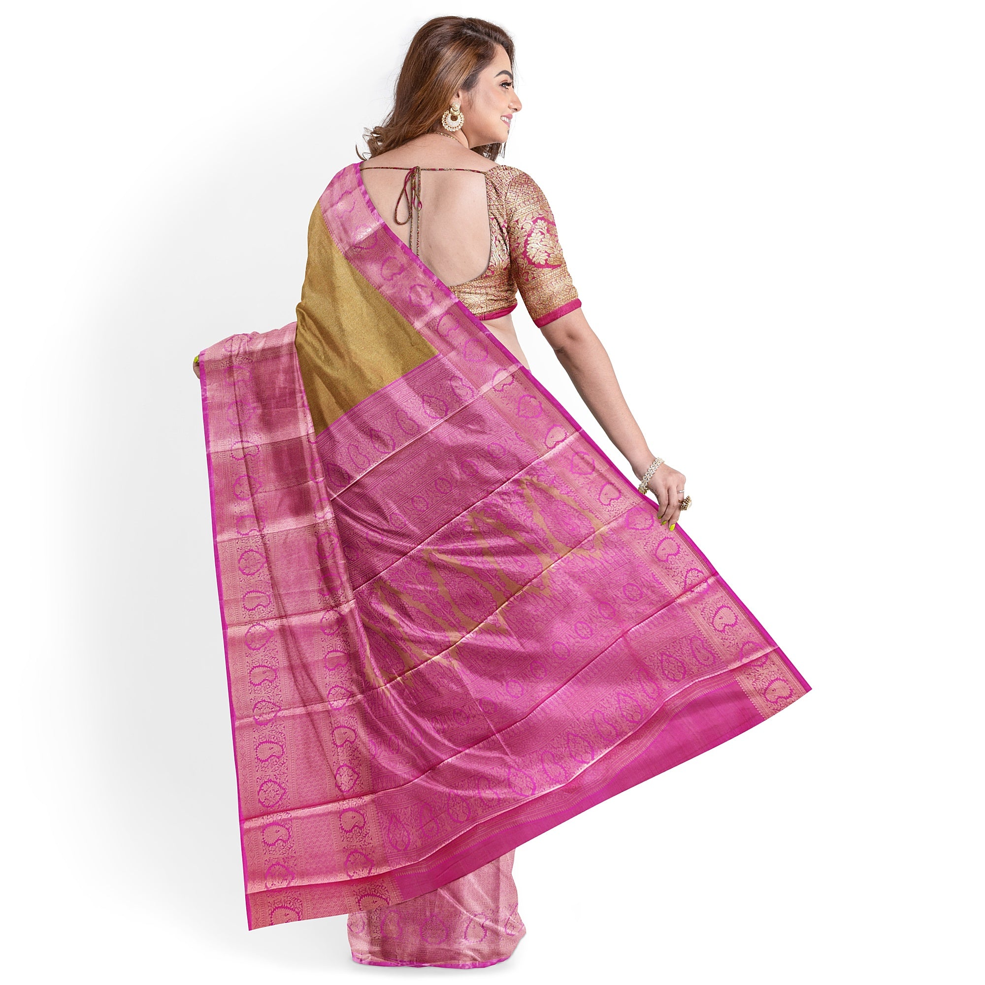 Royal Gold Saree with Light Pink Border – Elegant Zari Work