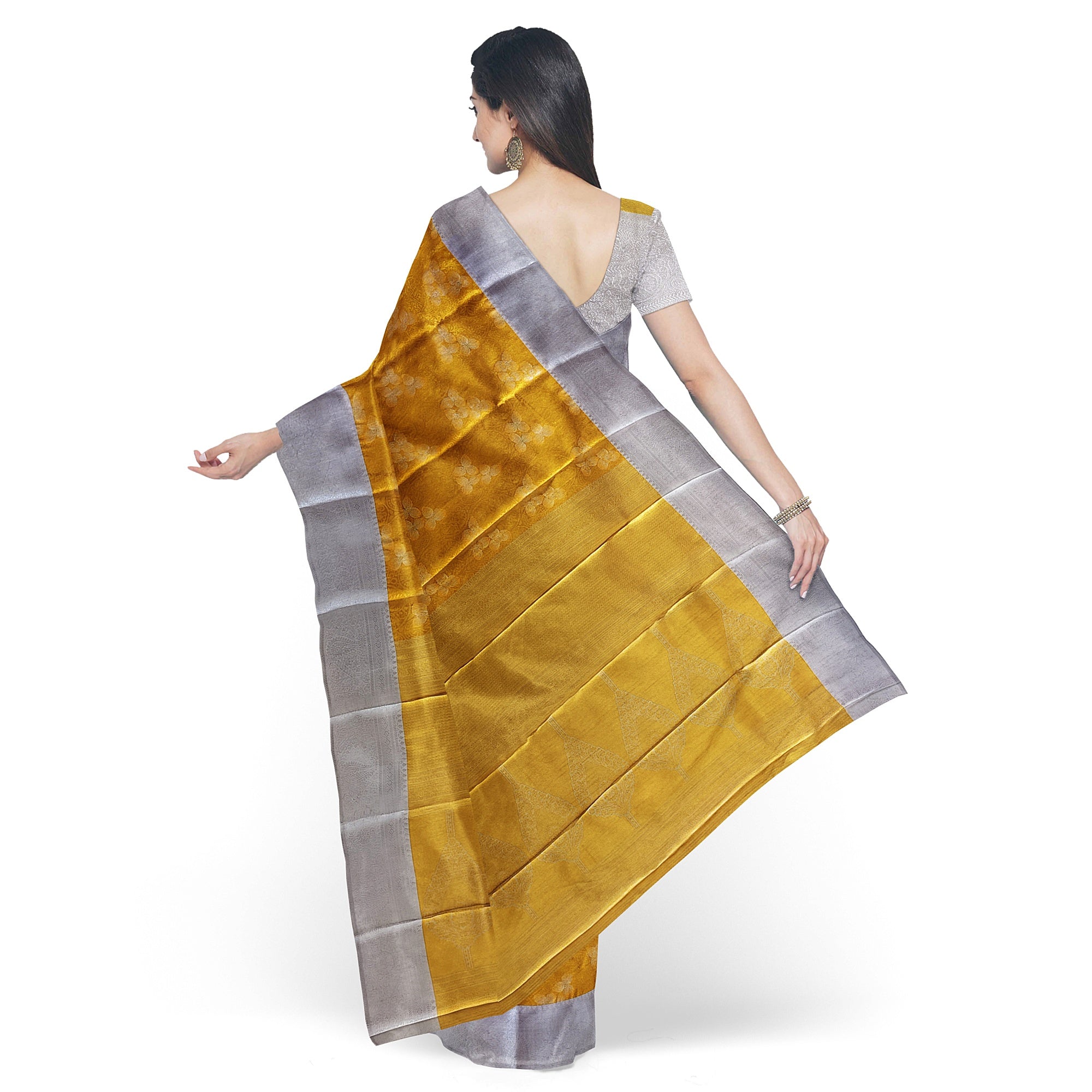 Gold Saree with Silver Border – Semi Tissue Silk Elegance