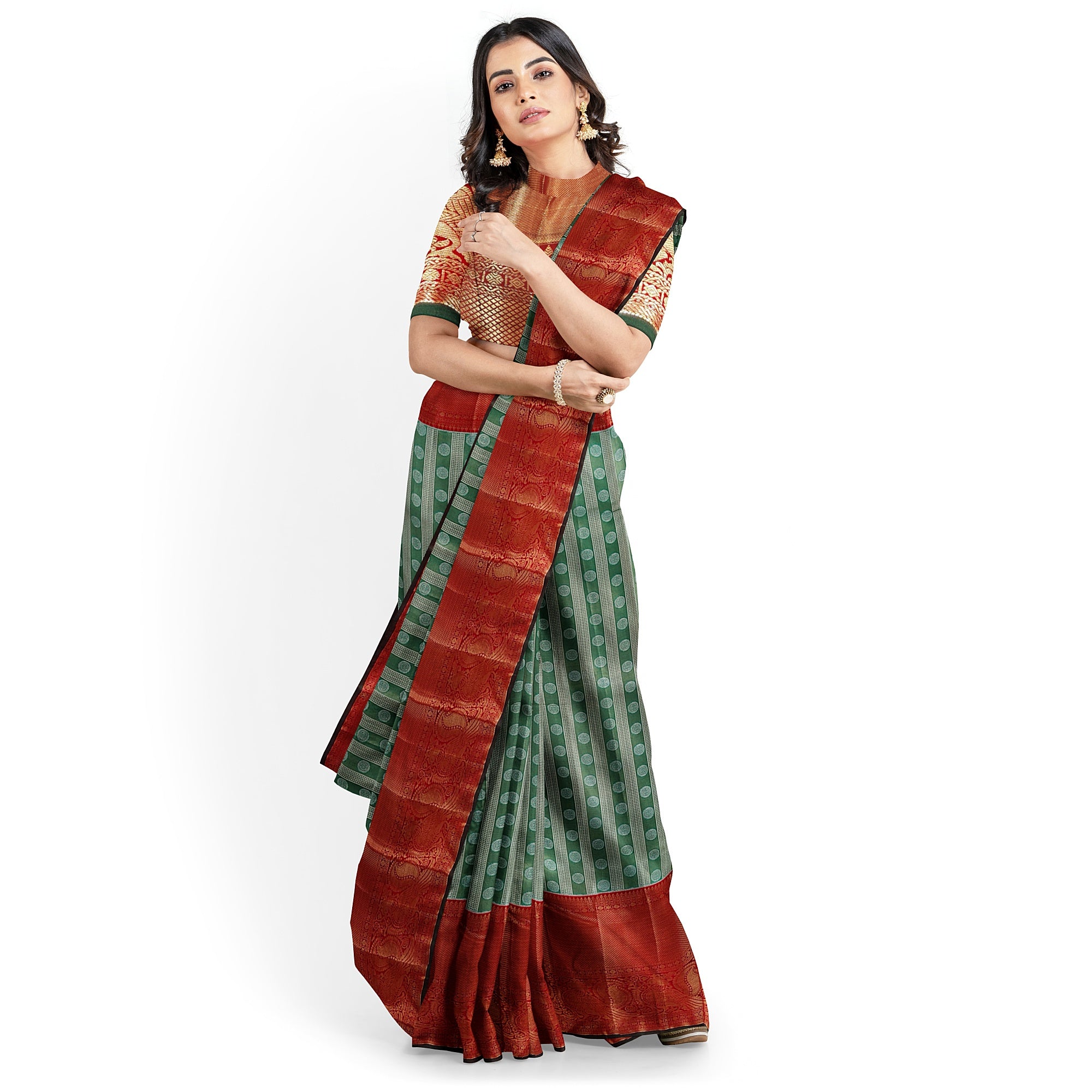 Green & Silver Body Zari Butta with Red Border – Traditional Grand Look Saree