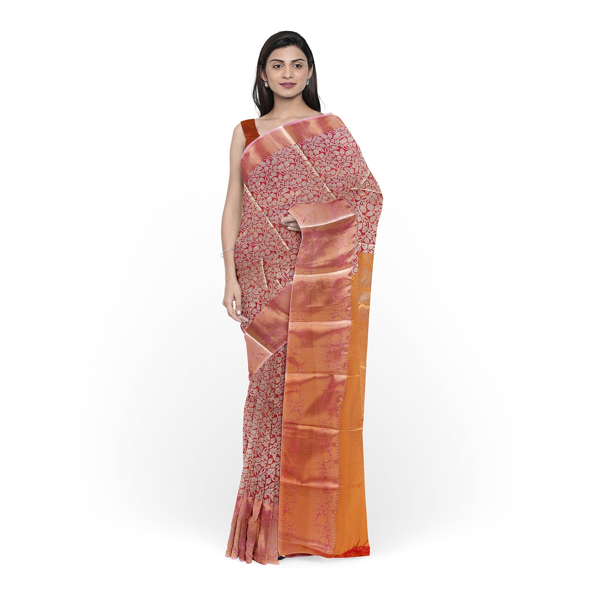 Peach Pink Floral Saree – Affordable Elegance for Any Occasion